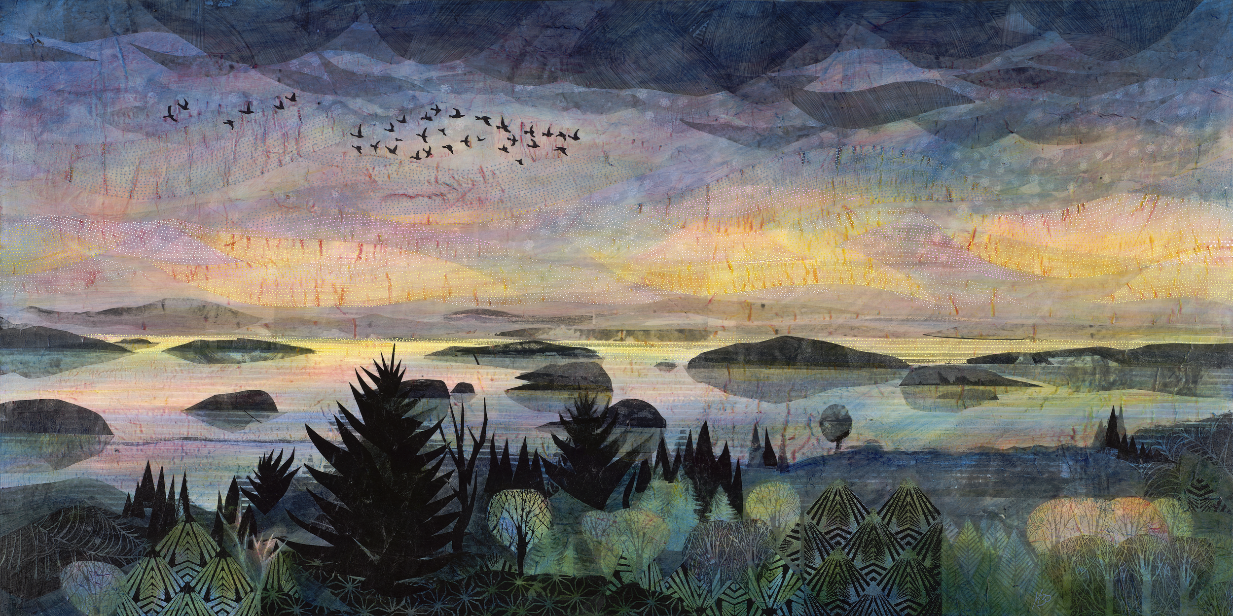 'Evening' , 48"x24", shows the sun setting over islands in what could be a sea or western lake. The water reflects the many colors of the sky while the foreground features layered patterns, representing the conifers and hardwood trees of the land, so