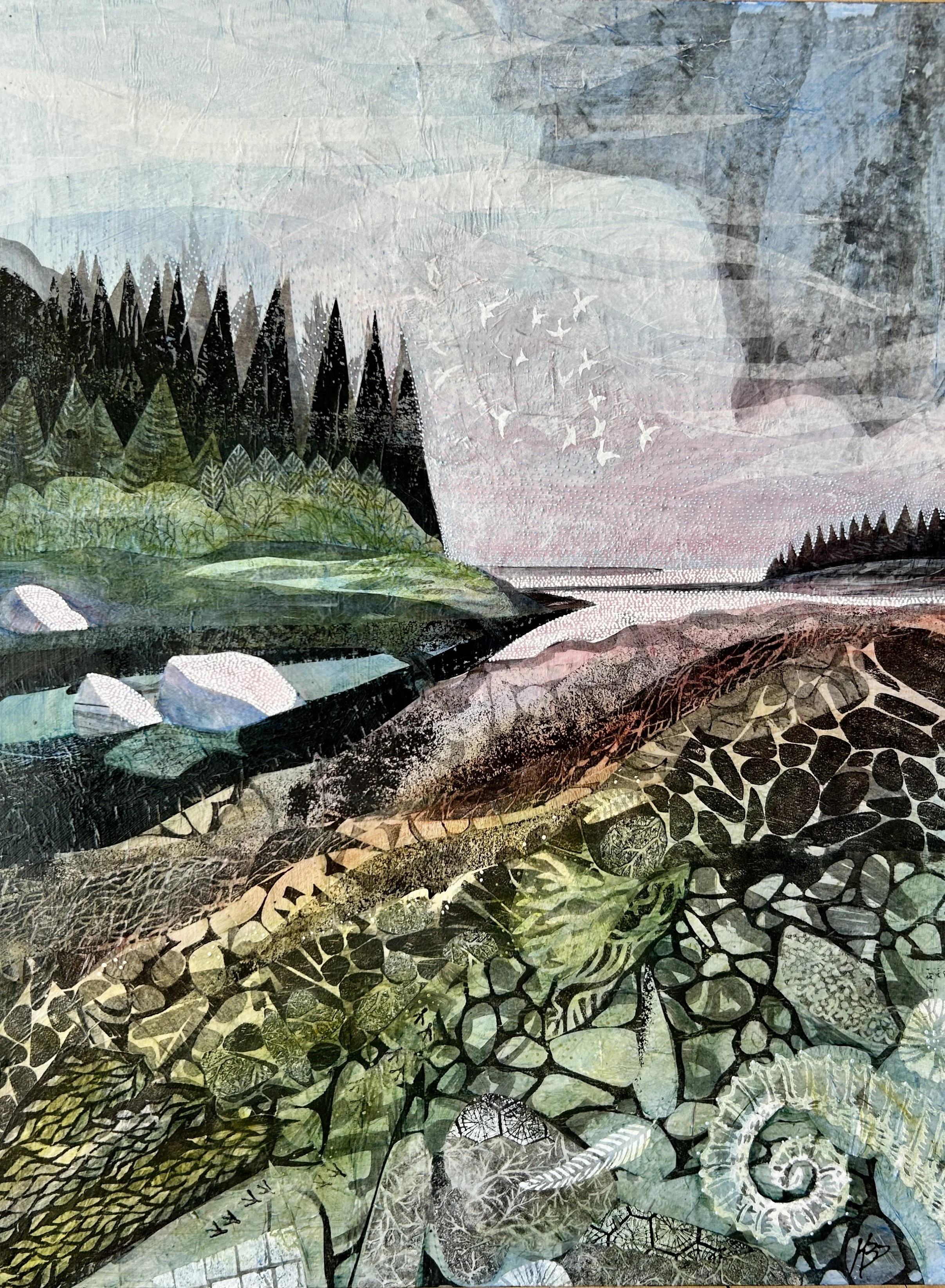'Ducktrap, Inlet' , 18"x24", is a favorite spot in the midcoast where the Ducktrap river forms a lagoon before it meets the sea. This painting focuses on the details of the rocky shoreline which is periodically washed over at high tide and during sto