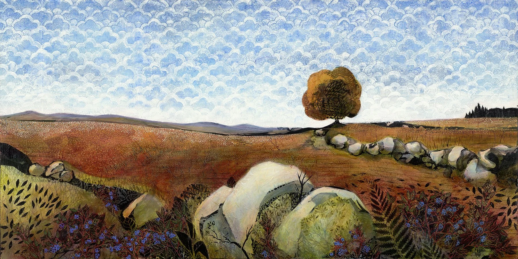 'Blue Sky Blueberry Barrens' , 48"x24", is a composite of several of my favorite midcoast barrens. I wanted to include everything: foliage textures, including blue berries, the rich red of blueberry leaves as fall approaches, stone walls and the spac