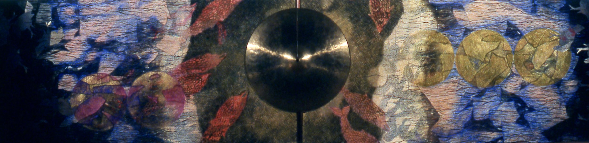 Salmon Migration, KBDesrosiers, 8'x2', pastel,ink,charcoal,collage,brass cymbal.jpeg