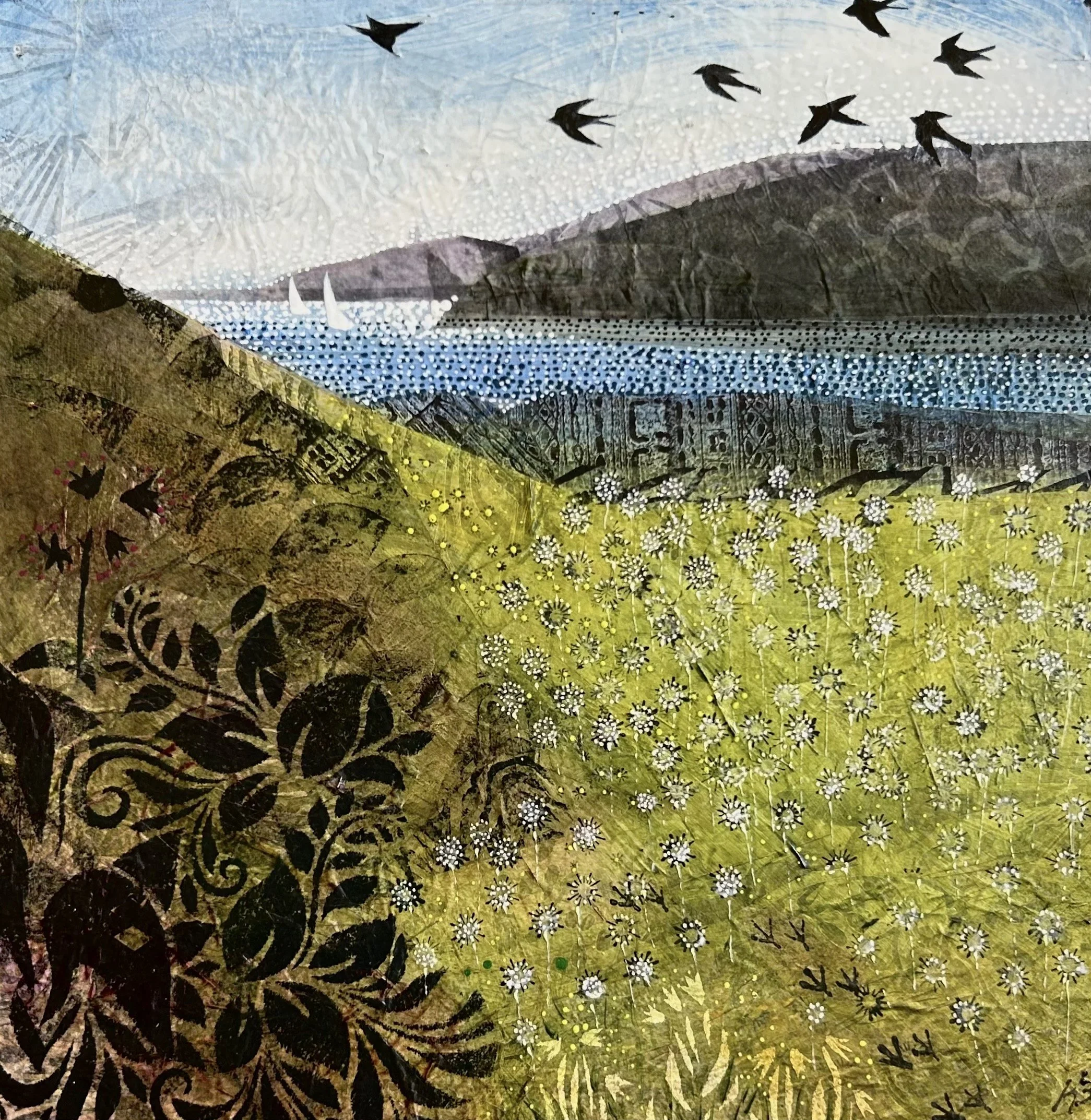 Dandelions by the Sea,12x12,acrylic with collage, by Kelly Desrosiers copy.jpeg