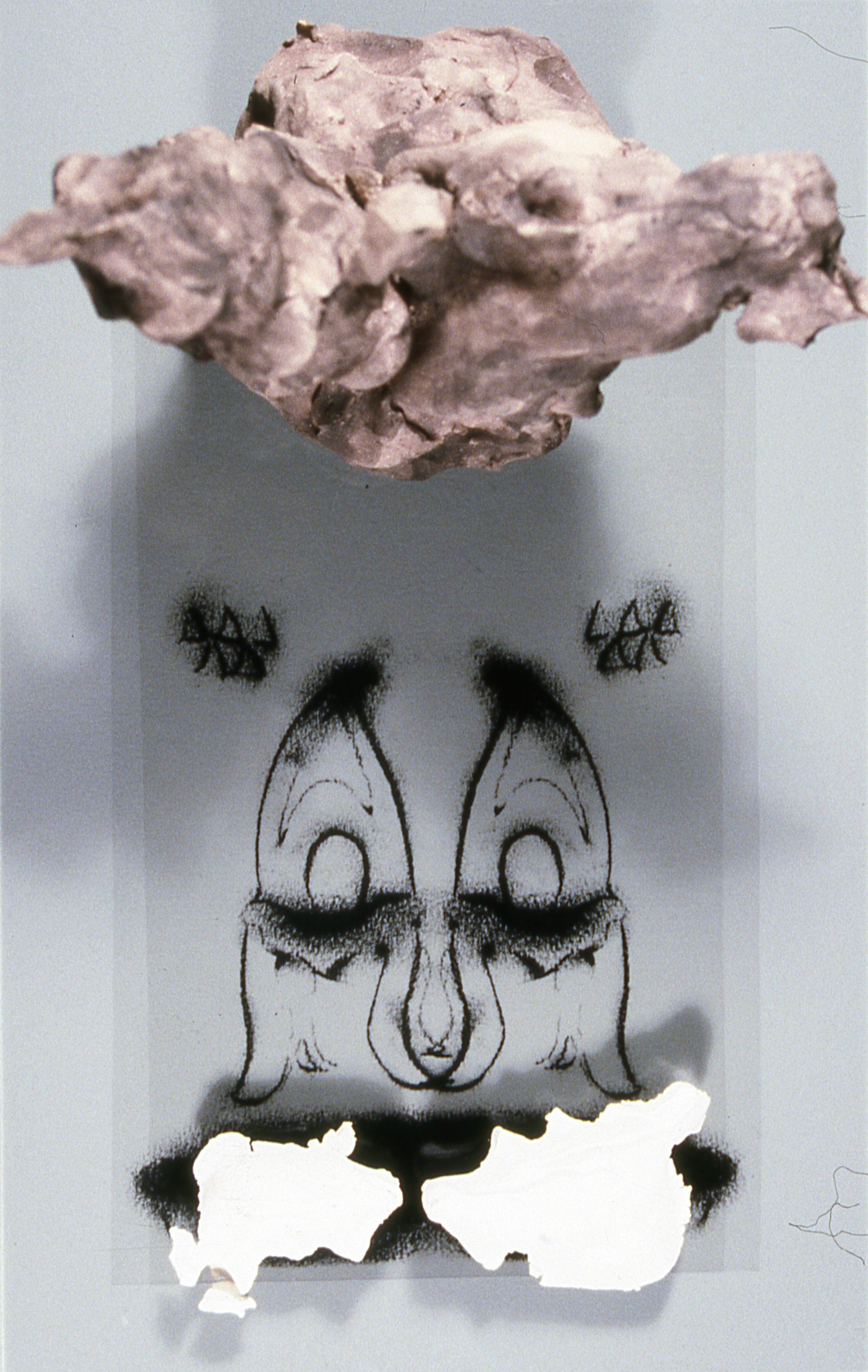 Sculpture With Two Chairs and 3-D Forms, KBDesrosiers, 12%22x20%22x7%22, transparencies of charcoal drawings under smoked glass and fired clay forms.jpeg