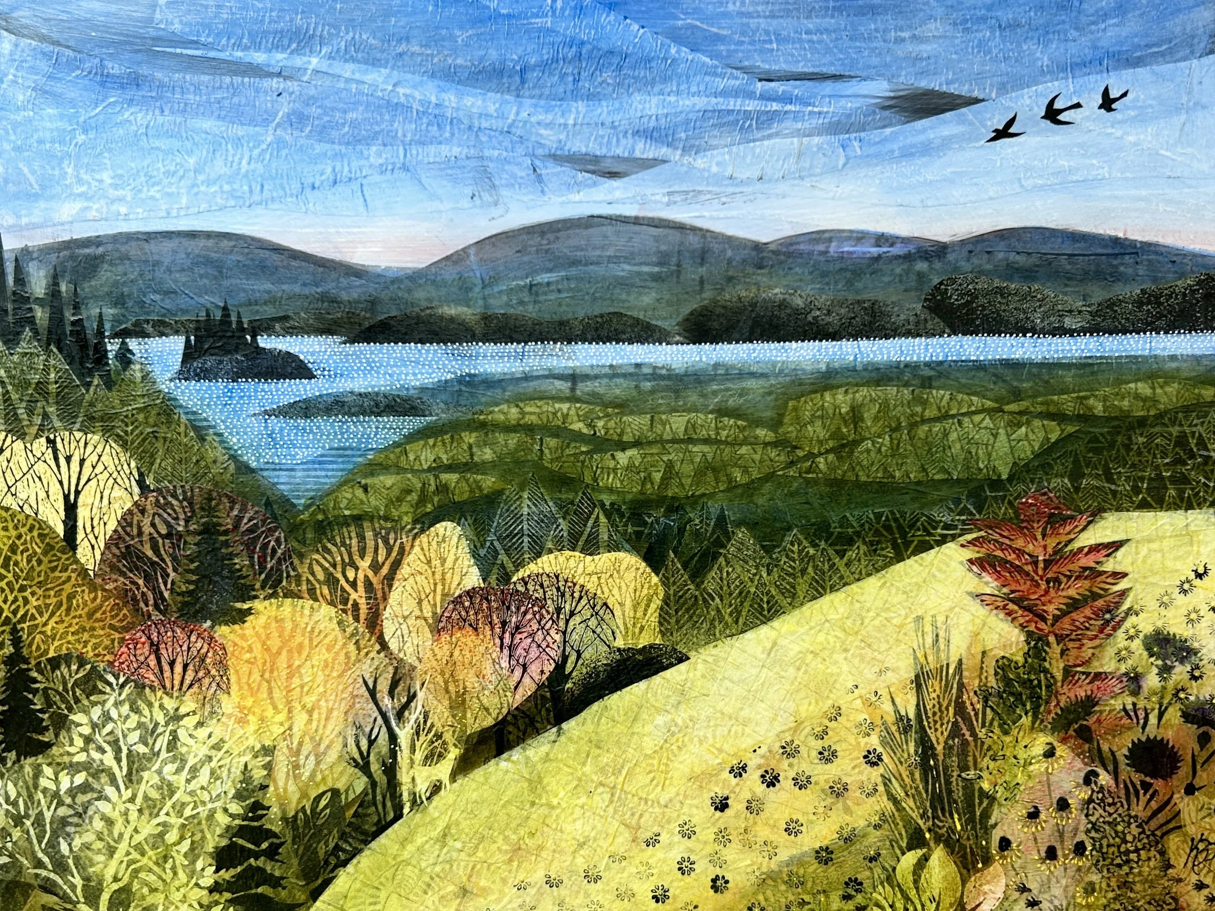 'Atop a High Field' , 18"x24", is a view from a high field overlooking a large lake in Western Maine. In autumn the fields are yellow and the hardwoods blaze with color and one can see for miles. This painting is created with acrylic paint and artist