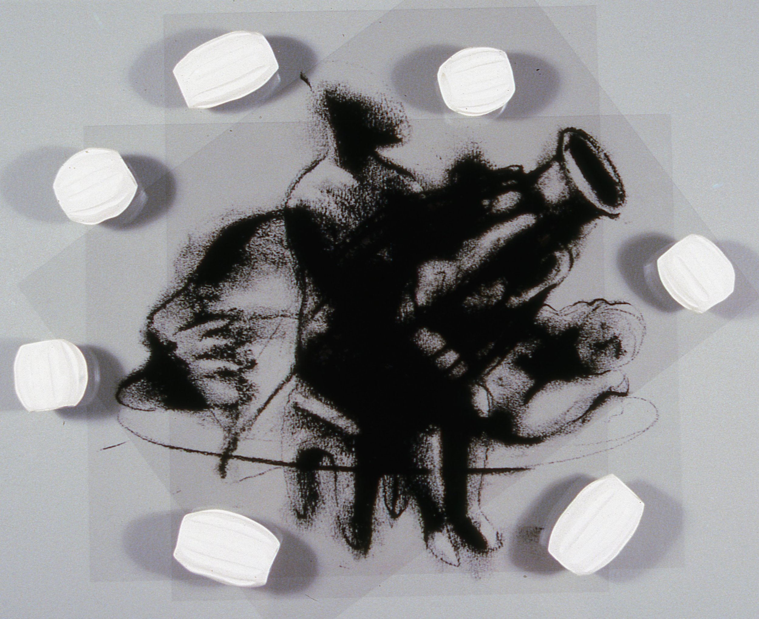 Sculpture With Reclining Woman, Seated Figure, and Amphora with 3-D Clay Beads, KBDesrosiers, 12%22x20%22x4%22, transparencies of charcoal drawings under smoked glass and fired clay forms.jpeg
