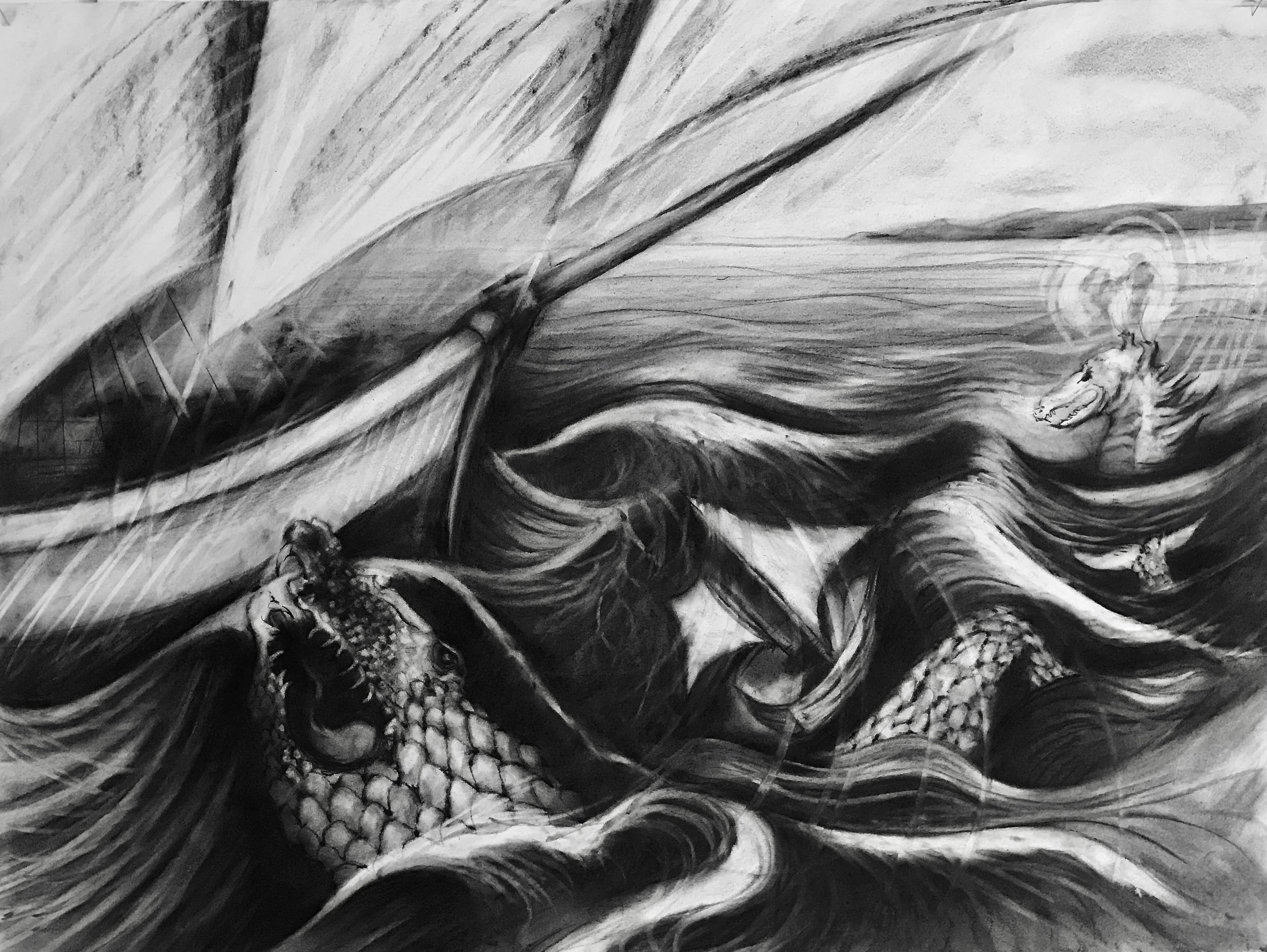 Sea Monsters, KBDesrosiers, 30%22x22%22, charcoal.jpeg