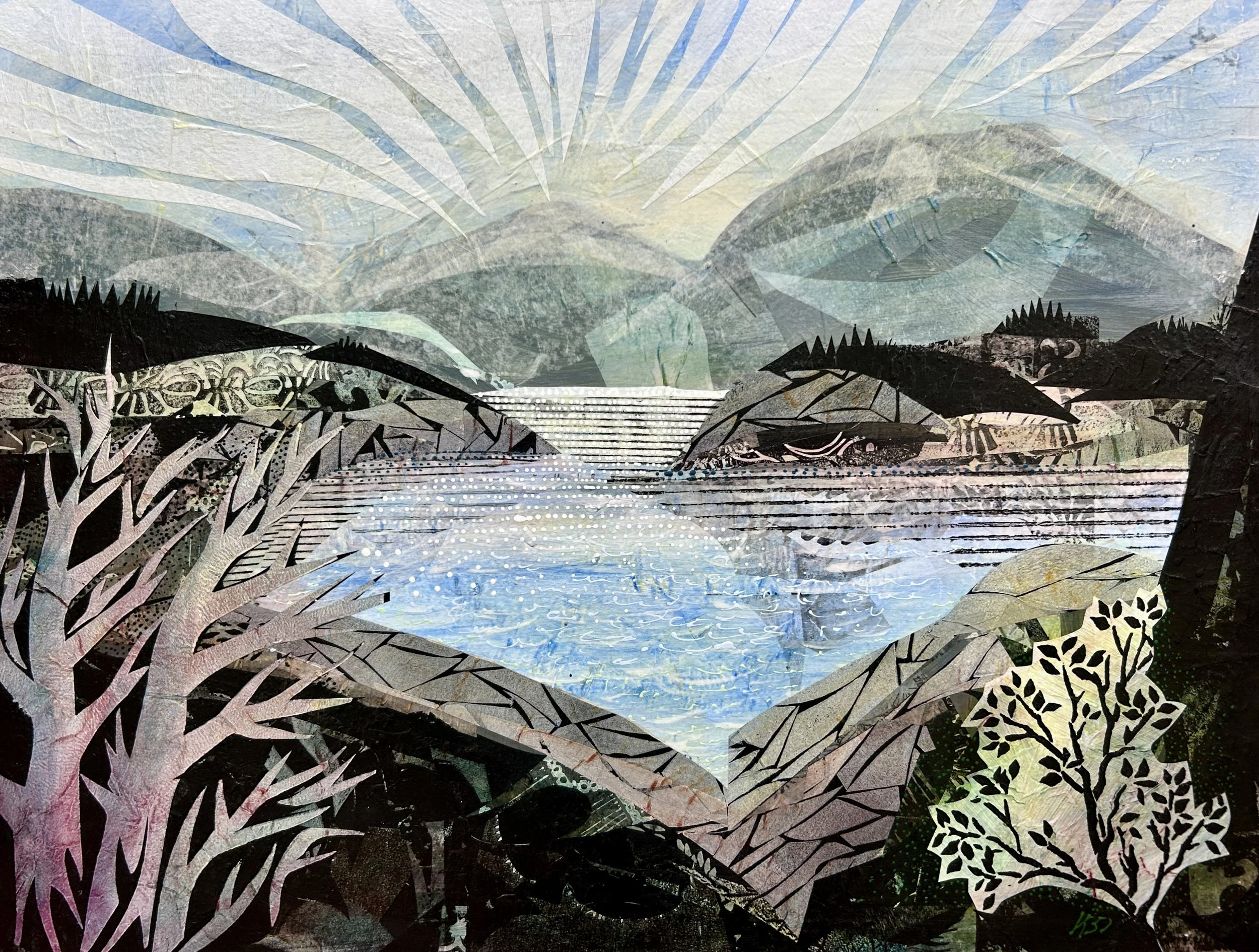 'Radiant Sky' , 18"x24", is awash with motion and light. Overlapping patterns construct a whimsical, charmed landscape and sea view. This painting is created with acrylic paint and artist designed, carved, and printed collage papers on a cradled birc