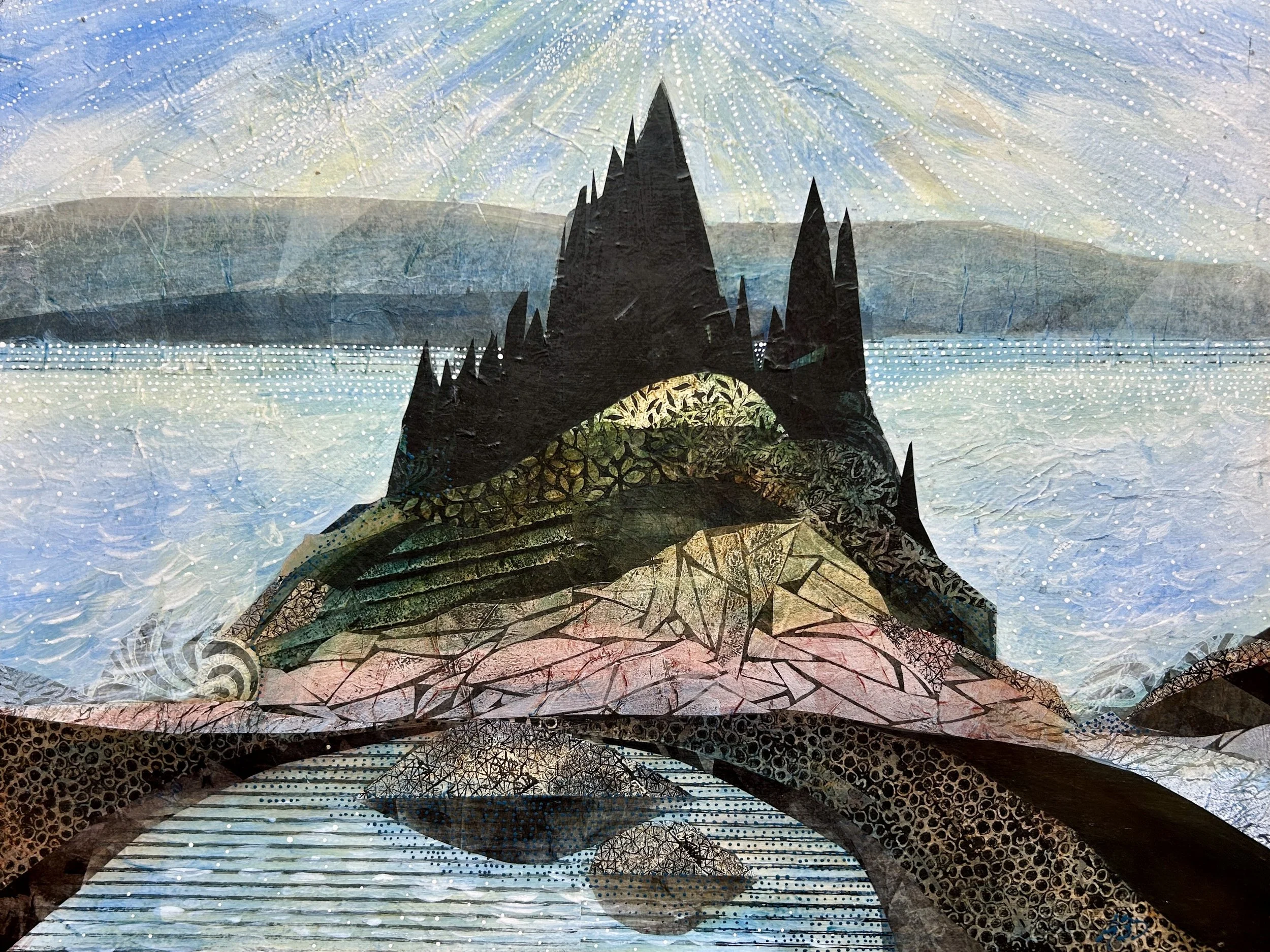 'Crown Island' , 18"x24", presents an iconic Maine island as the central player in a seascape otherwise full of pattern, texture, sea, sky and light. This painting is created with acrylic paint and artist designed, carved, and printed collage papers 