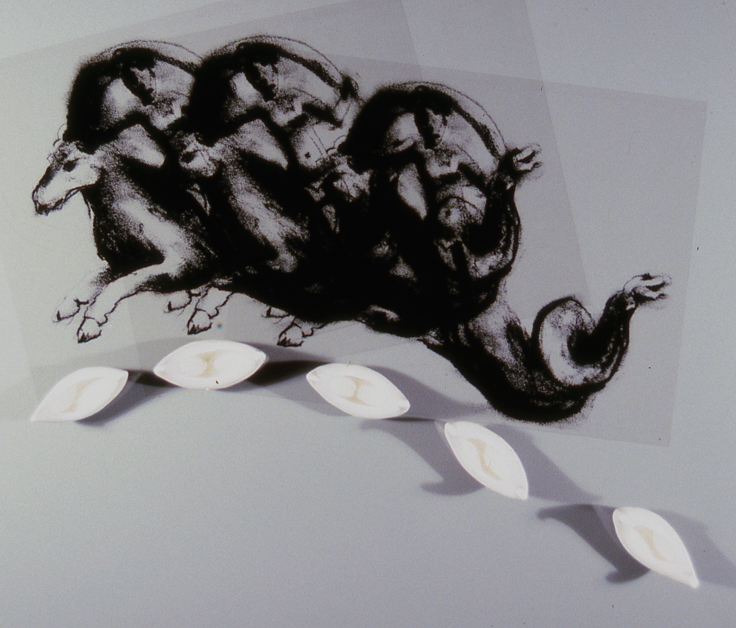 Sculpture With Riders and 3-D Canoe Forms, KBDesrosiers, 12%22x20%22x2%22%22, transparencies of charcoal drawings under smoked glass and fired clay forms.jpeg