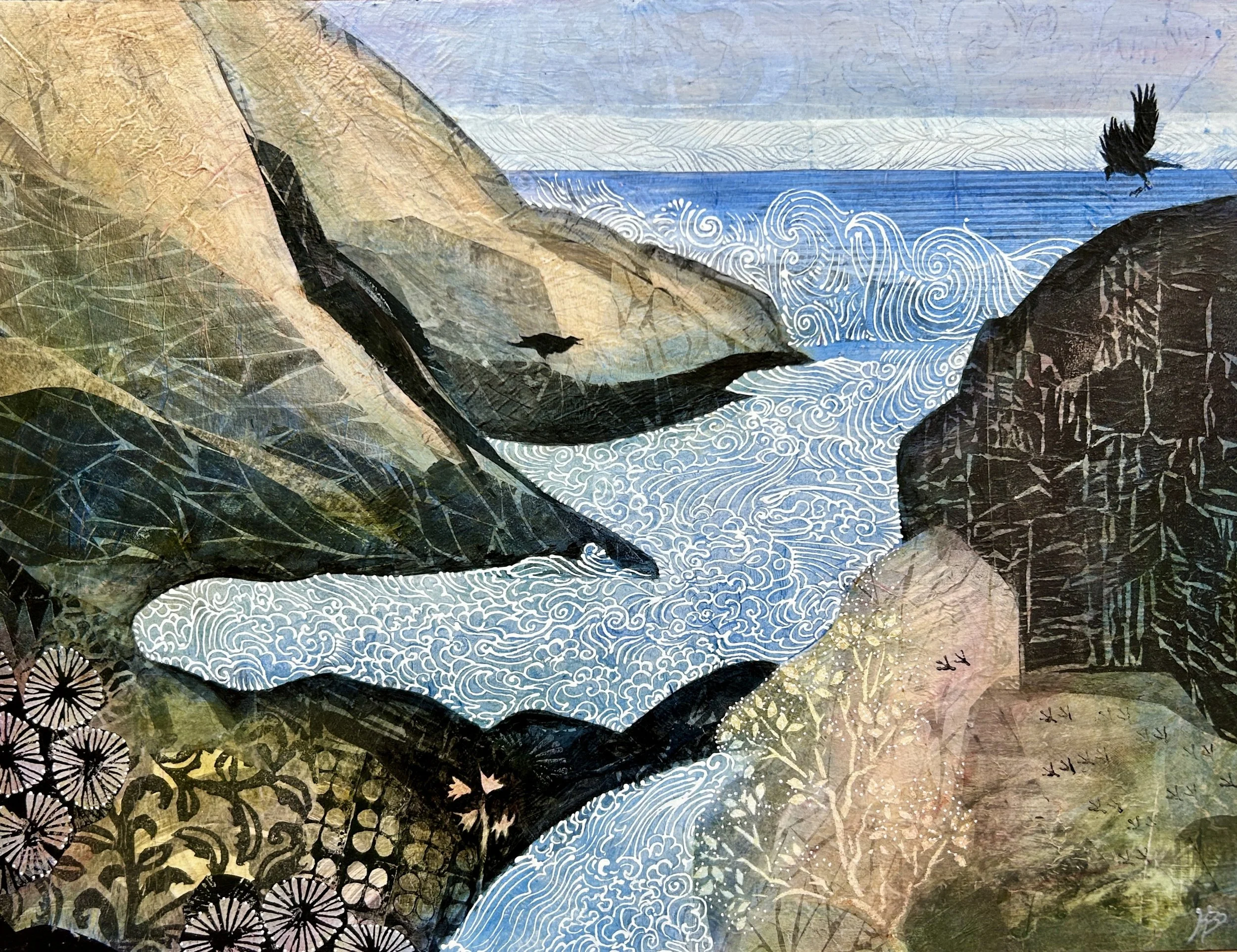 'Shore Conversation' , 18"x24", is heavily influenced by Japanese prints with its flattened shapes and stylized wave patterns. Two birds appear to be interacting across the water, as if in conversation that only they understand. The colors are soft a