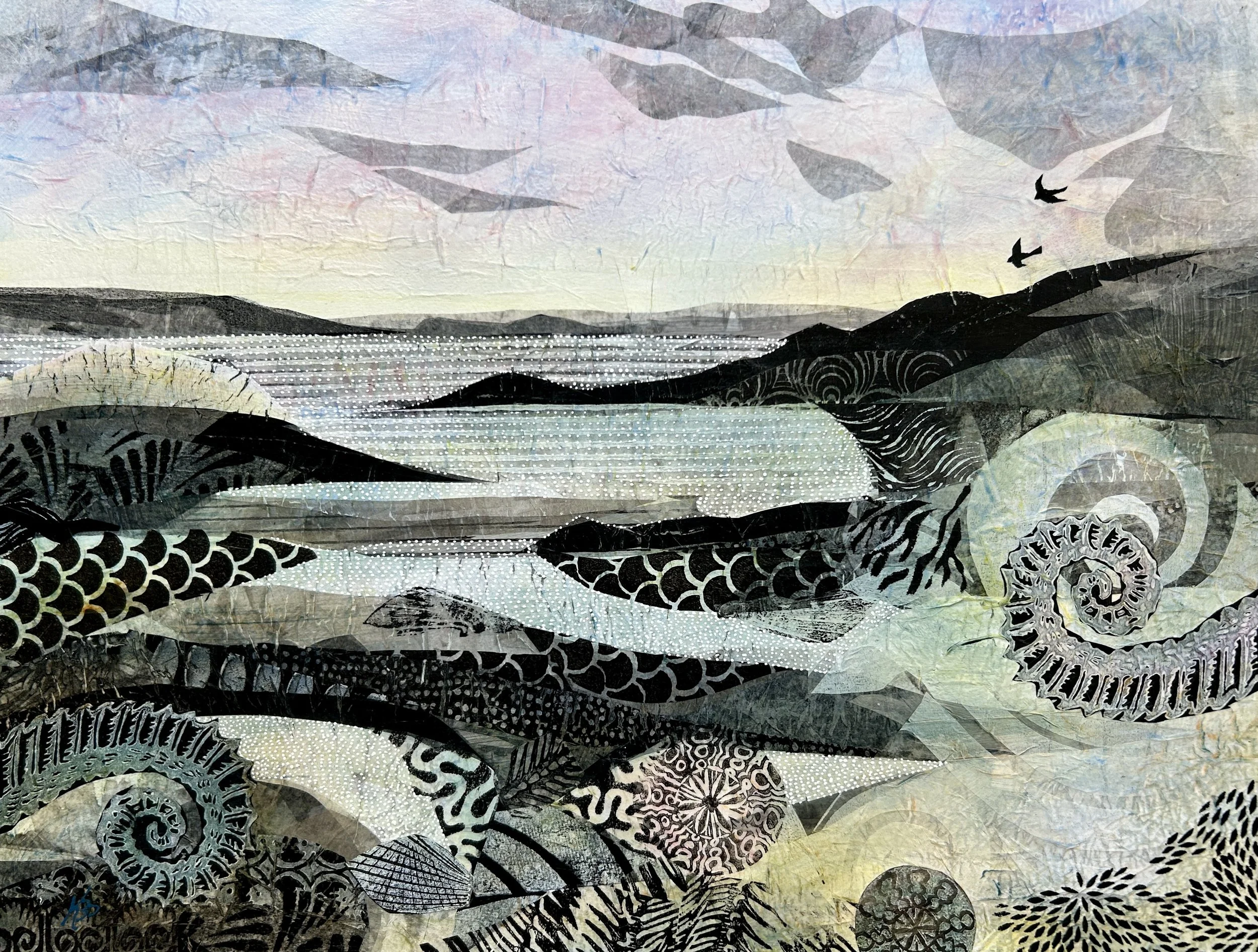 'Calm Seas' , 18"x24", uses calm, cool colors and interesting shapes to construct a sea and shore world of its own. The pink tinted sky reflects upon patterns of sea life below. This painting is created with acrylic paint and artist designed, carved,