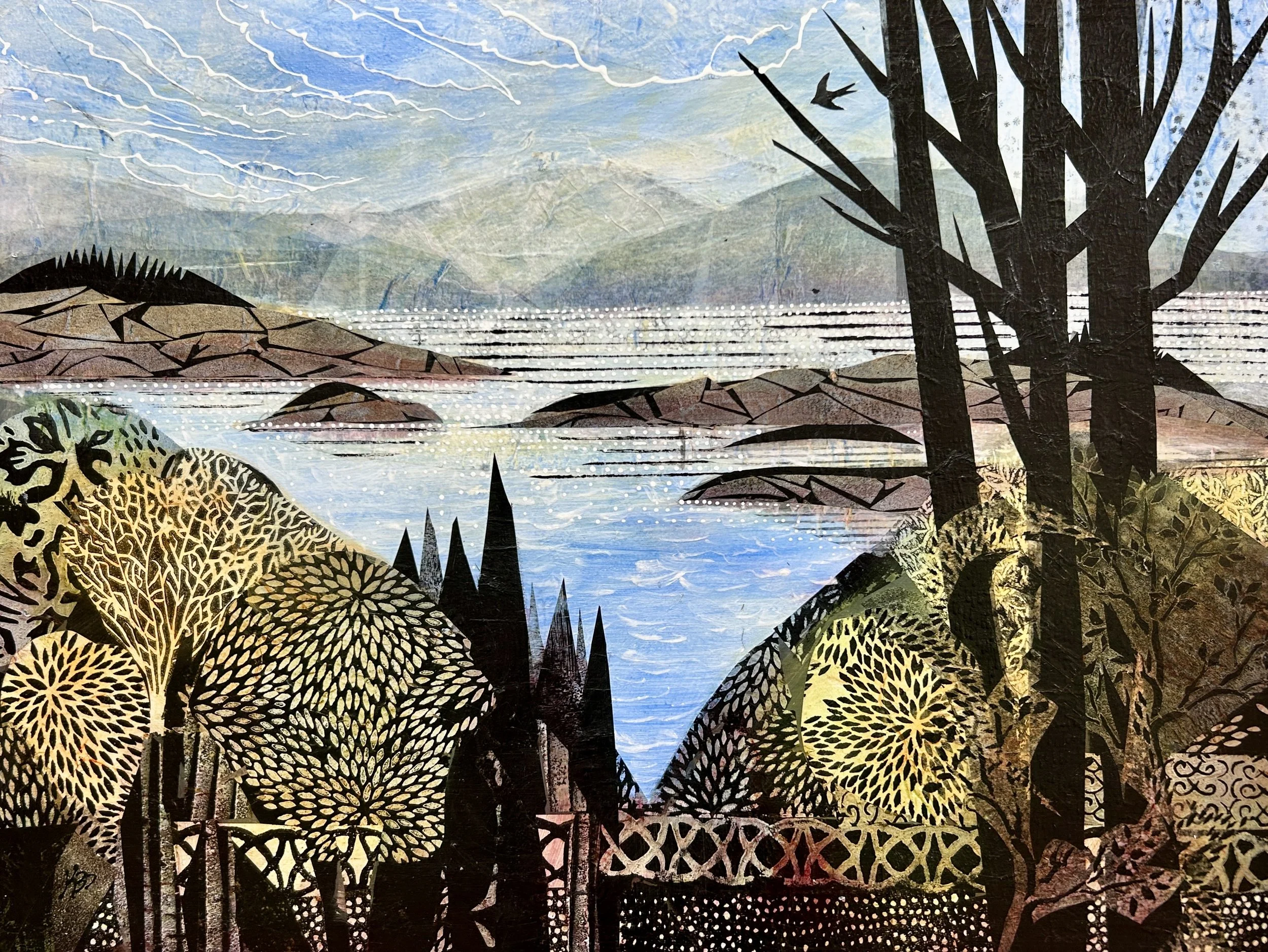 'Island View Over the Trees' , 18"x24", is a view of islands scattered along the shore of a larger island. The foreground is a mix of intersecting foliage patterns as well as bold tall trees framing the sea view. The hills of Mount Desert Island lay 