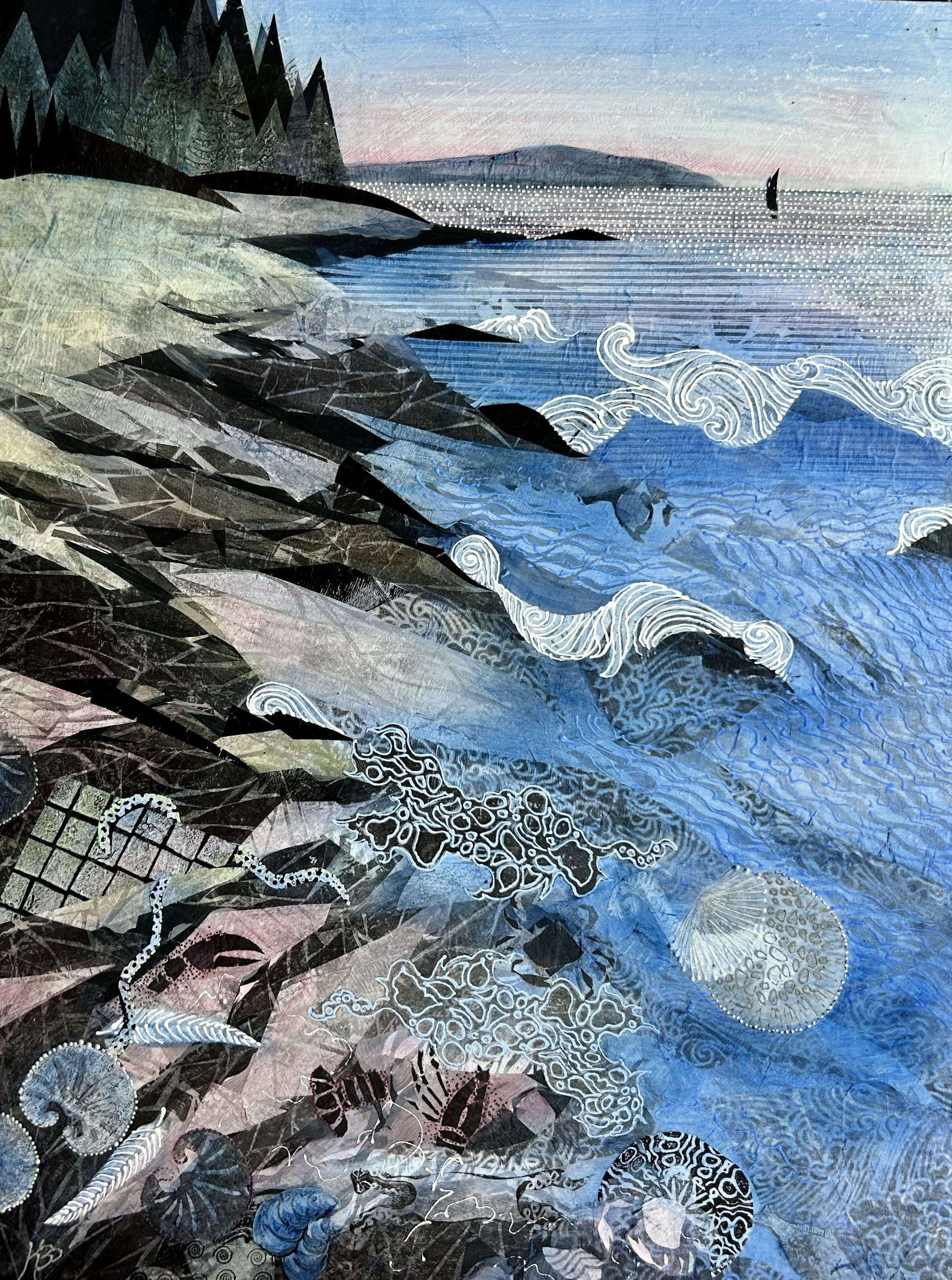 'Interlaced Shore', 18"x24", reveals the highly indented and pocketed shoreline of the coast of Maine. Foreground details include signs of flora and fauna, parts of broken lobster trap, and the stylized shapes and patterns of breaking waves and swirl