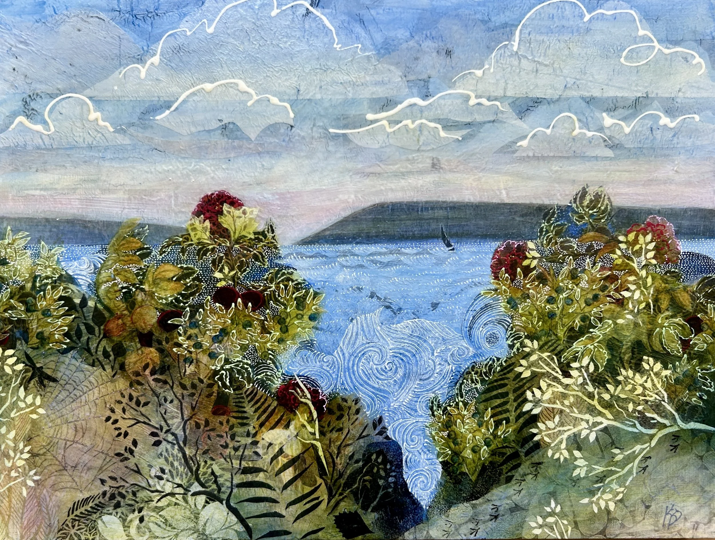 'Beach Rose Window' , 18"x24", is a seascape with a "window view" framed by beach roses on either side. The stylized wave shape is inspired by Japanese prints. The sky is cheerful and bright. The foreground has details such as spiderwebs and bird tra