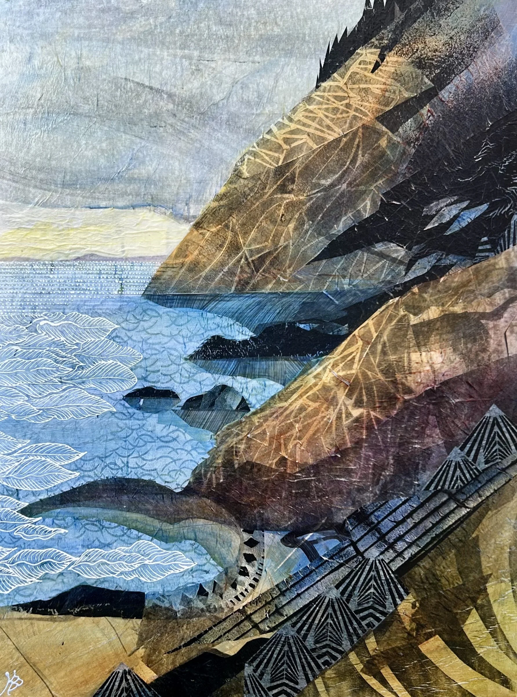 'Feathery Sea' , 18"x24", features bold cliffs along the shore of Maine, along with a feather-patterned sea reaching shoreward. Many layers of patterns are overlapped to indicate the movement of rock and the intricacies of life that dwells here. This