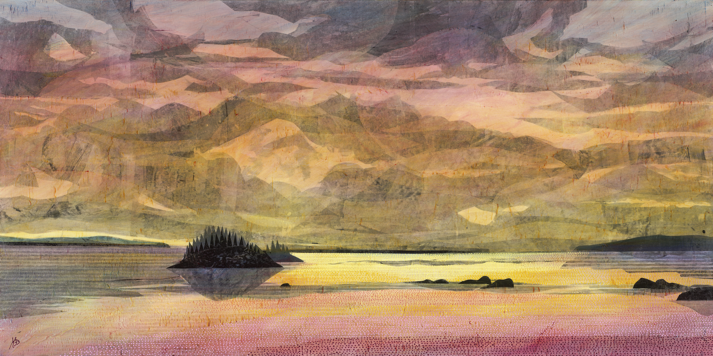 'Coral Evening' , 48"x24", was inspired by a glorious sunset reflected in the sea off Vinalhaven Island, Maine, at a spot called Sunset Point where islanders go to sit on sun-warmed granite ledges and toast the evening. The colors were so intense tha