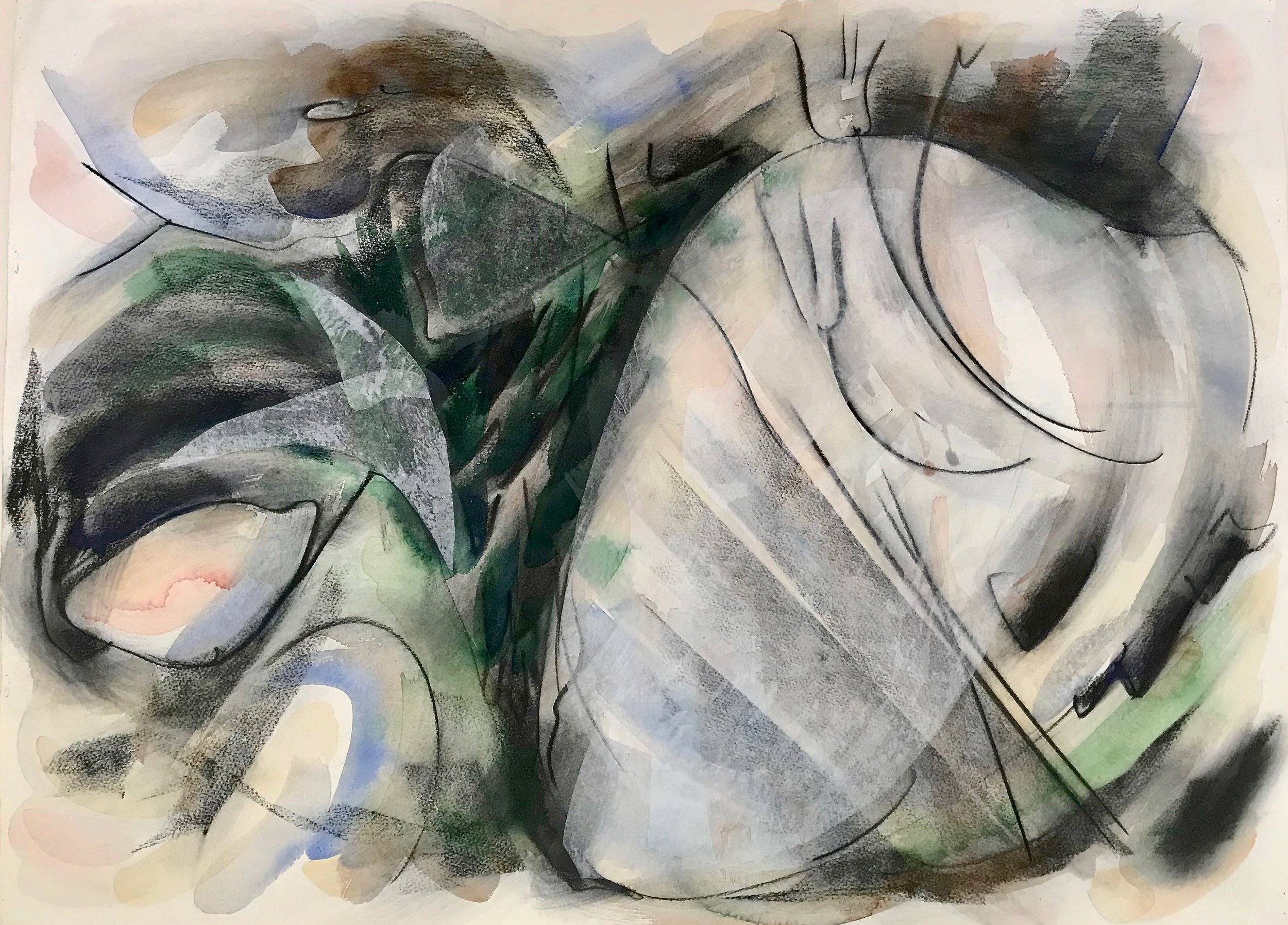 Erratics in the Forest, KBDesrosiers, 30%22x22%22, charcoal, watercolor, chine colle.jpeg