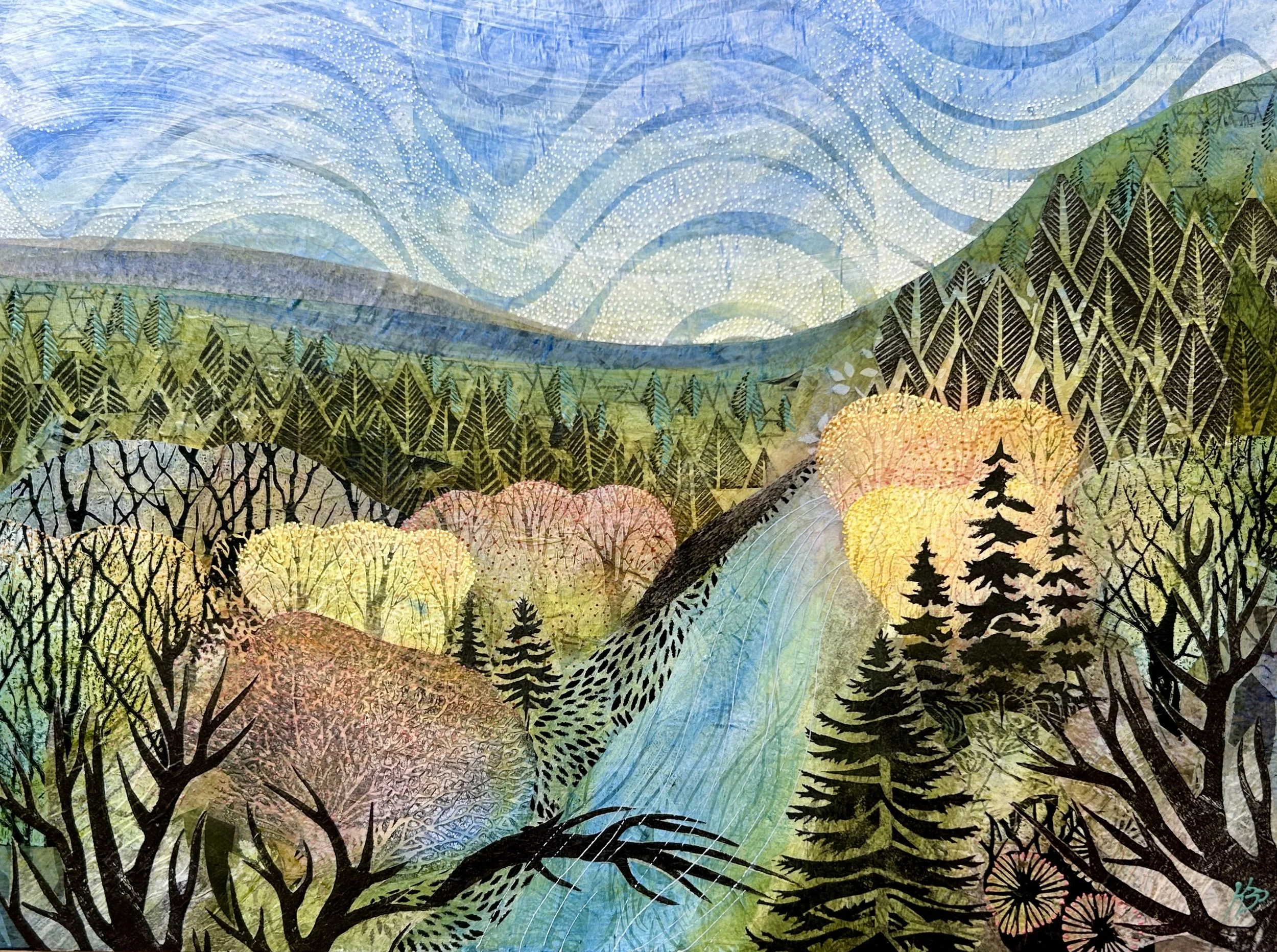 Morning 24" x 18" is heavily influenced by Japanese prints with its flattened shapes and stylized wave patterns. A river flows into the distance while a branch gracefully leans over it. The colors are vibrant and bright.  This painting is created wit