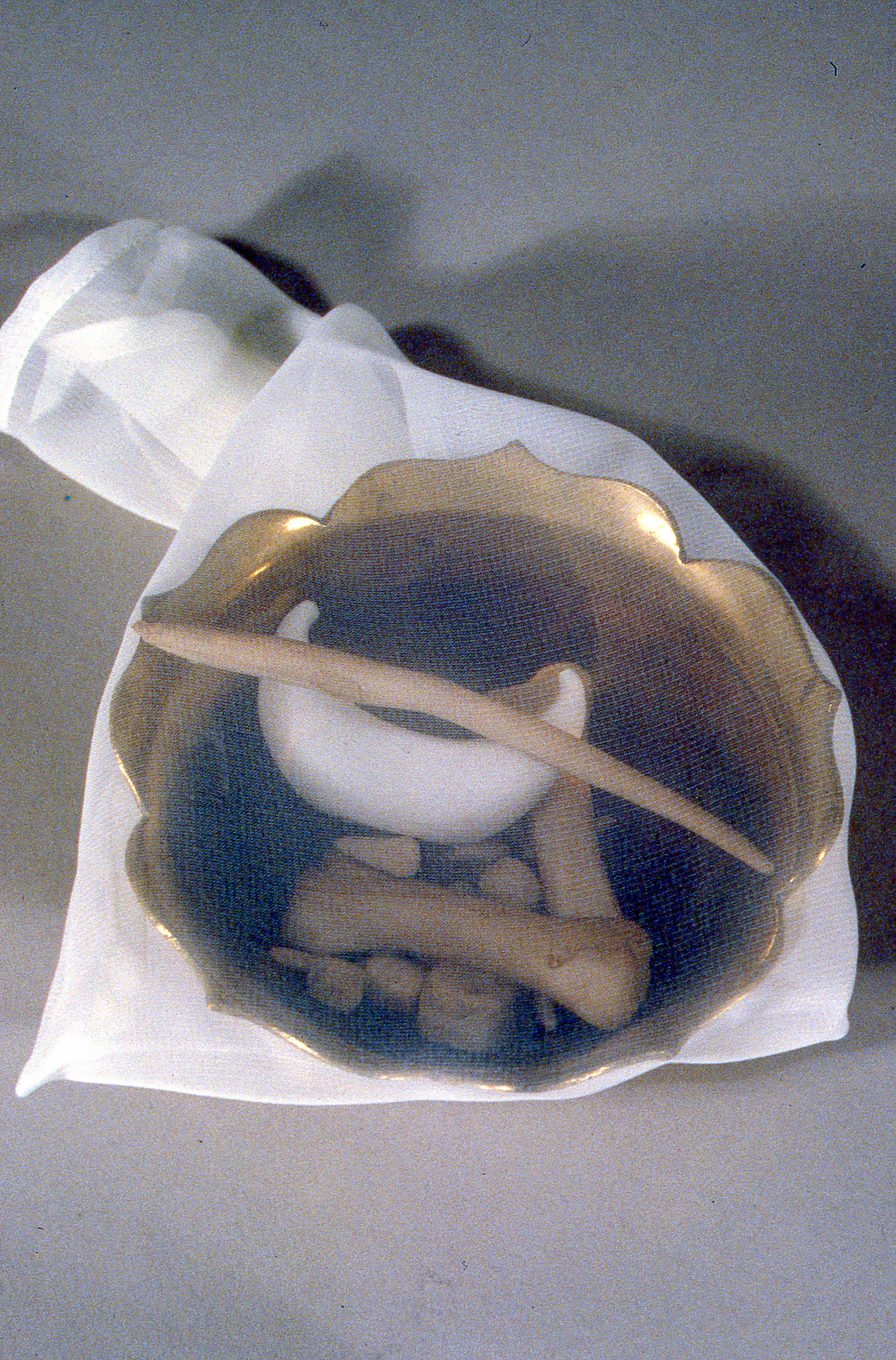 Veiled Bones, KBDesrosiers, 4%22x6%22x3%22, brass bowl, fired and stained clay, gauze bag.jpeg