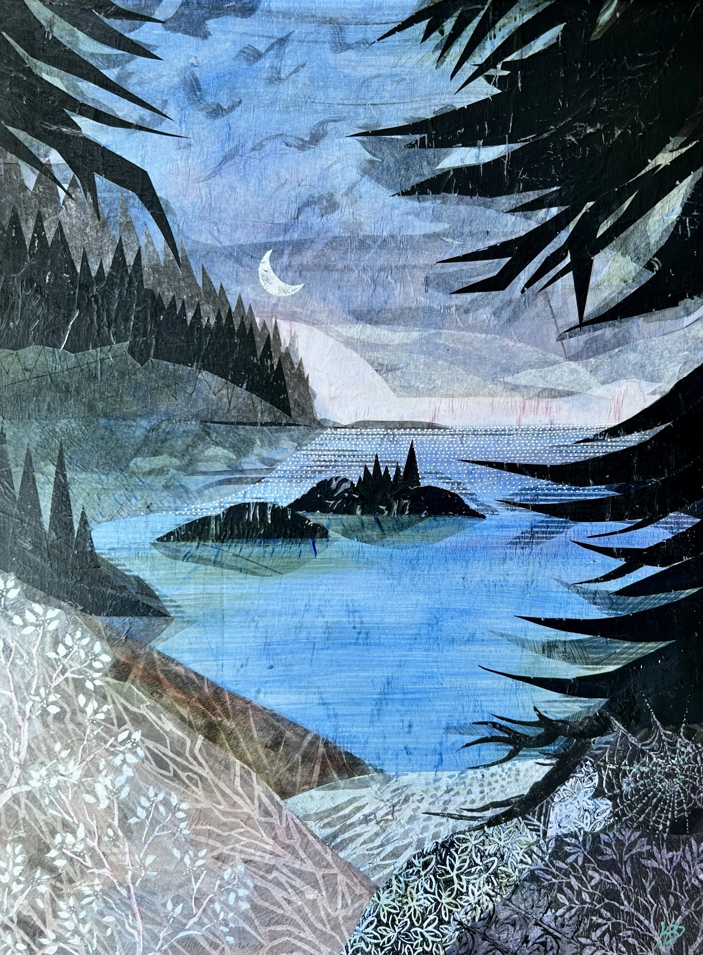 'Calm' , 18"x24", is a crescent moonlit evening view of the coast of Maine, framed by the dark branches of fir and spruce. The foreground is lit in soft pastel patterns and the overal feeling is one of calm. This painting is created with acrylic pain