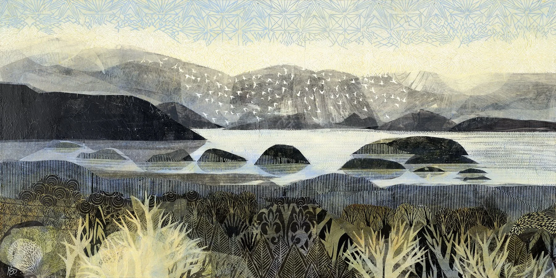 'Archipelago' , 48"x24", was inspired by views from high peaks in Acadia, but could represent many places on the coast of Maine. It is anchored below by patterns of hardwoods and evergreens, and above by a flock of birds and a filigreed textured sky.