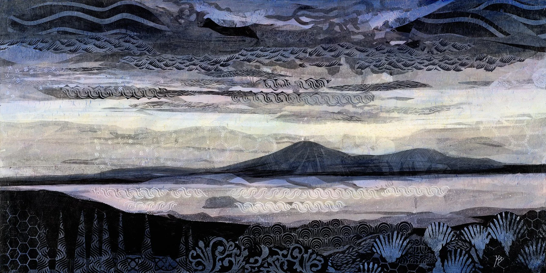 'Dawn Alights' , 48"x24", layers pattern upon pattern and veils of color to present the complex unfolding of dawn's light. The overall composition is simple and unified by a limited palette but within that simple structure is an endless variety of pa
