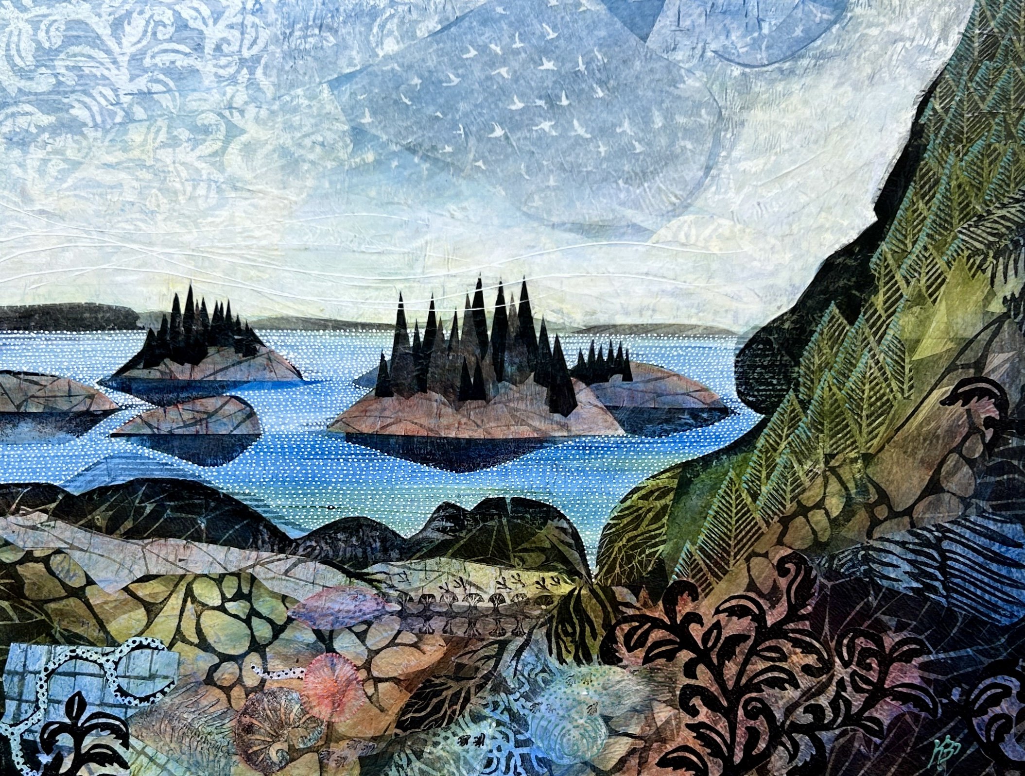 Tapestry Sky 24"x18" 'Shore Conversation' , 18"x24",  is heavily influenced by Japanese prints with its flattened shapes and stylized  patterns. A flock of white birds cross the filigreed sky.  The colors are bright and vibrant.  This painting is cre