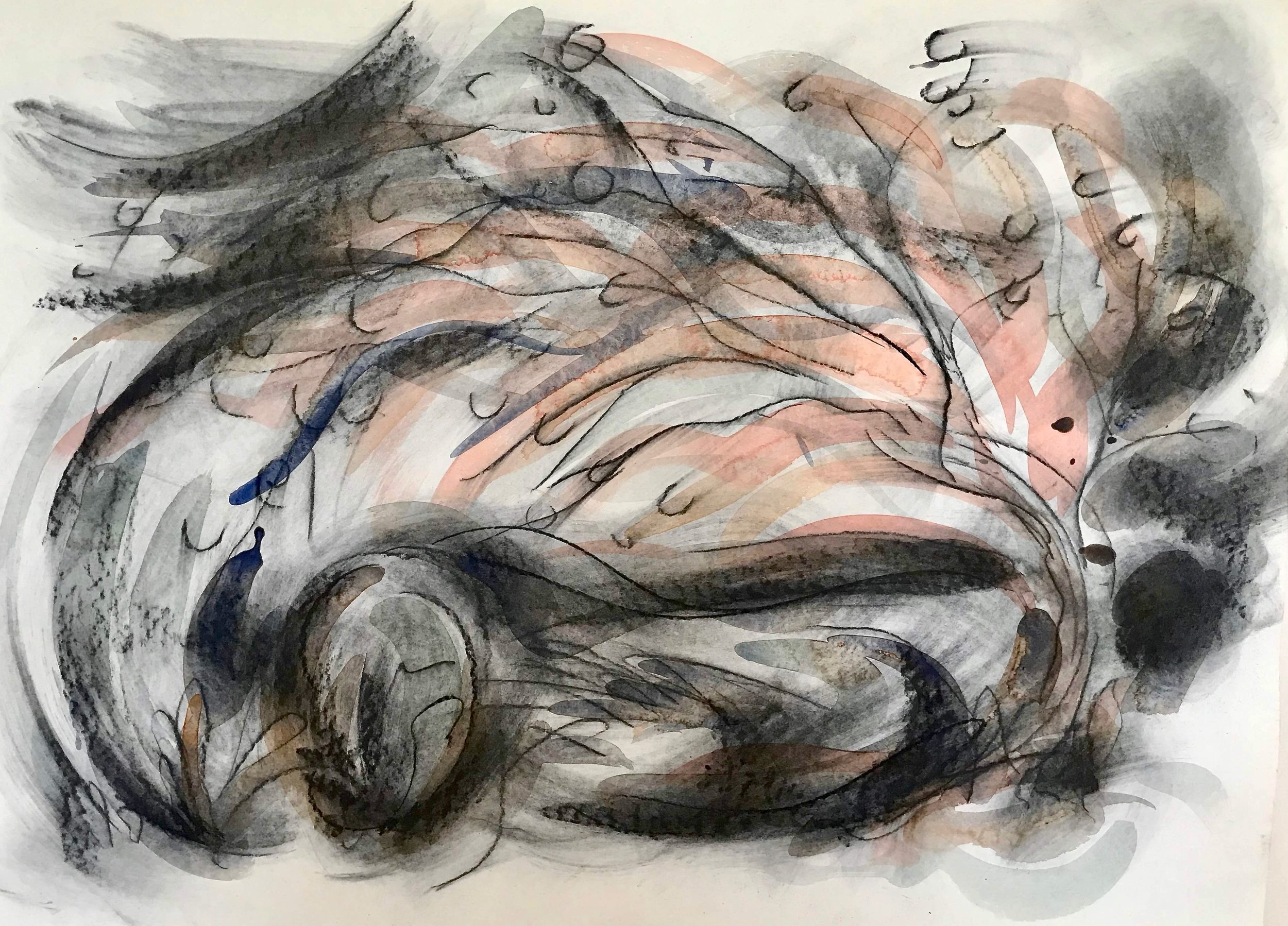 Apple Tree in the Wind, KBDesrosiers, 30%22x22%22, charcoal and watercolor.jpeg