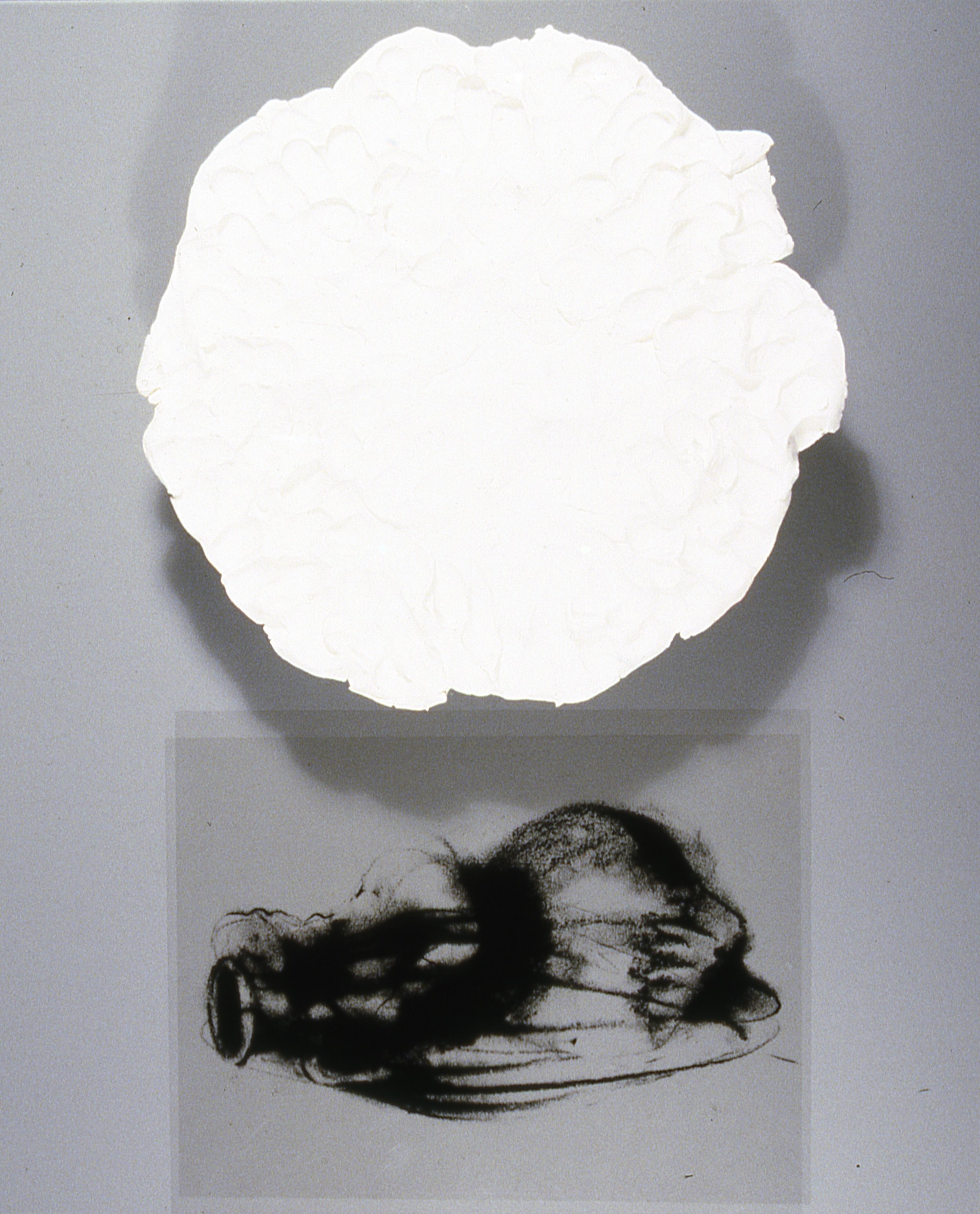 Sculpture With Reclining Woman and Amphora and 3-D Platter Form, KBDesrosiers, 12%22x20%22x2%22, transparencies of charcoal drawings under smoked glass and fired clay forms.jpeg