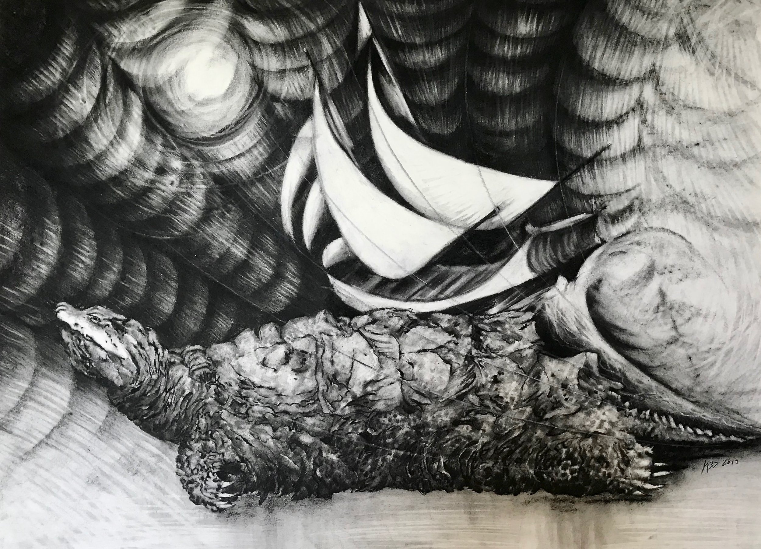 Turtle and Sailing Ship, KBDesrosiers, 30x22, charcoal copy 3.jpeg