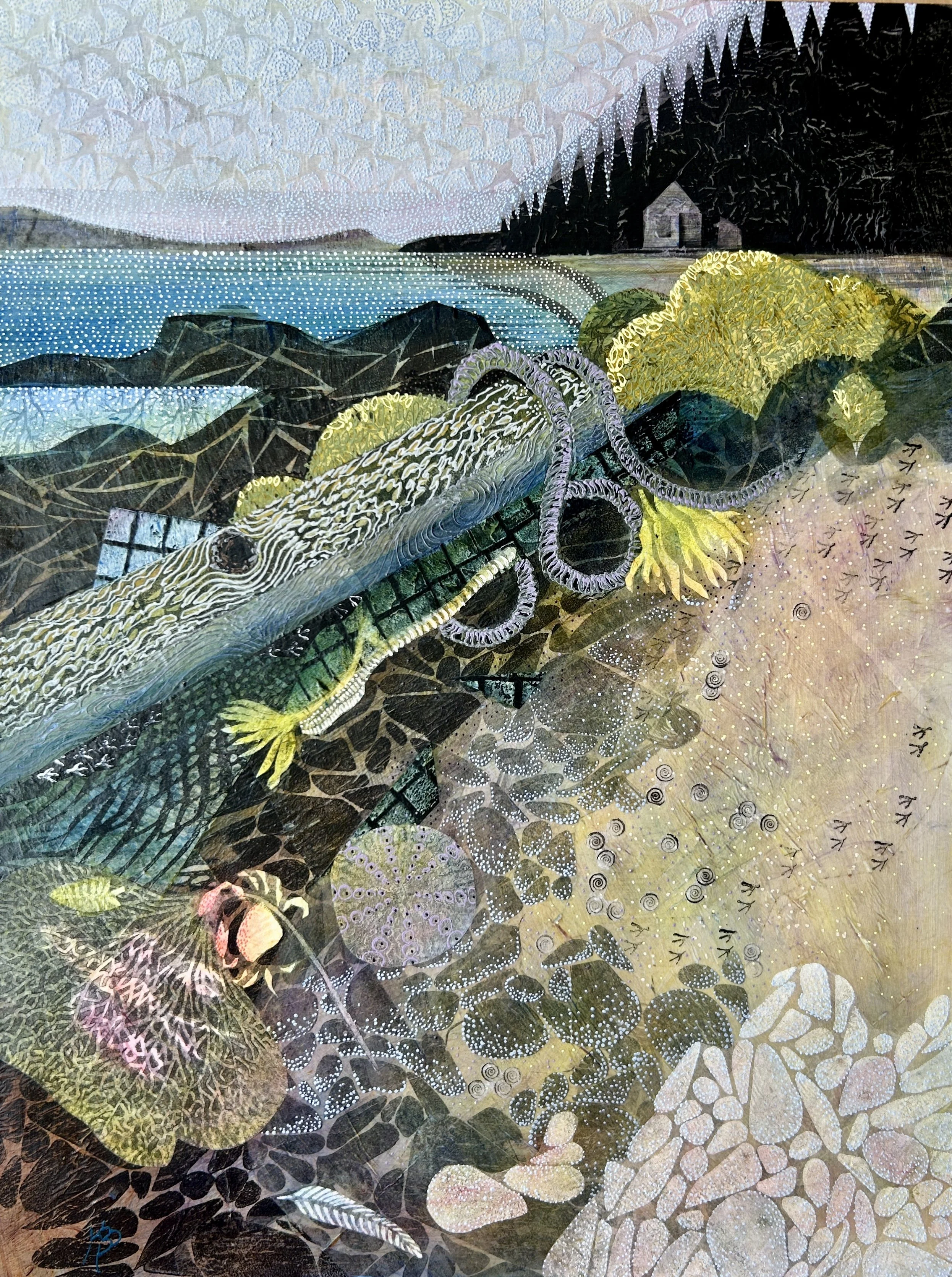 'Pebble Beach' , 18"x24", displays the scattered shore debris of the Maine coast, including a large driftwood log, fishing rope, a broken lobster trap, signs of flora and fauna with a coastal cottage and sea view beyond the pebbles and sand of the be