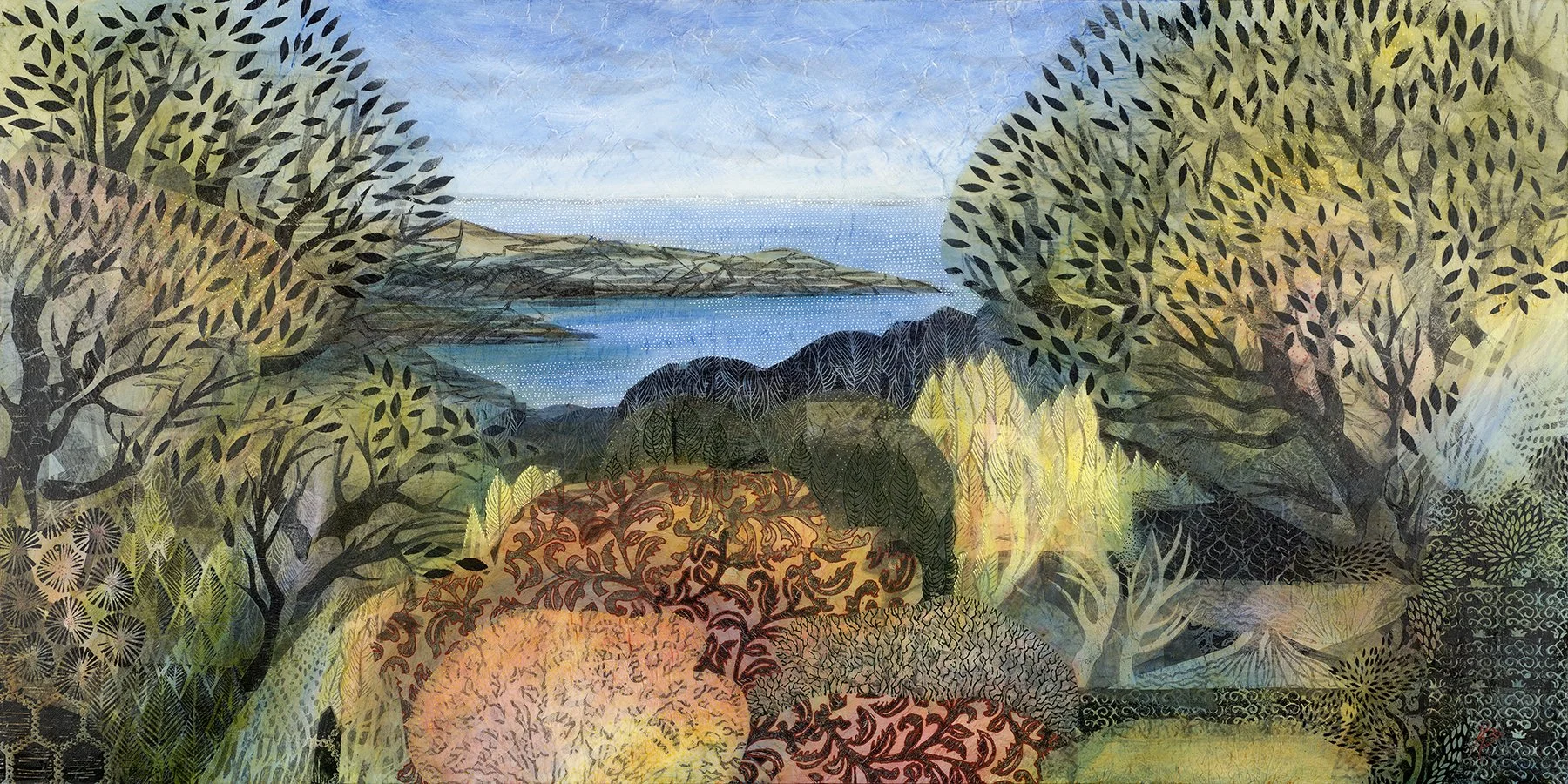 'Harmony' , 48"x24", is a lush and leafy cacophony framing a glimpse of the sea beyond. The overlapping patterns and forms create a sense of depth and distance. Small details upon closer examination enrich the visual experience. The colors are cheerf