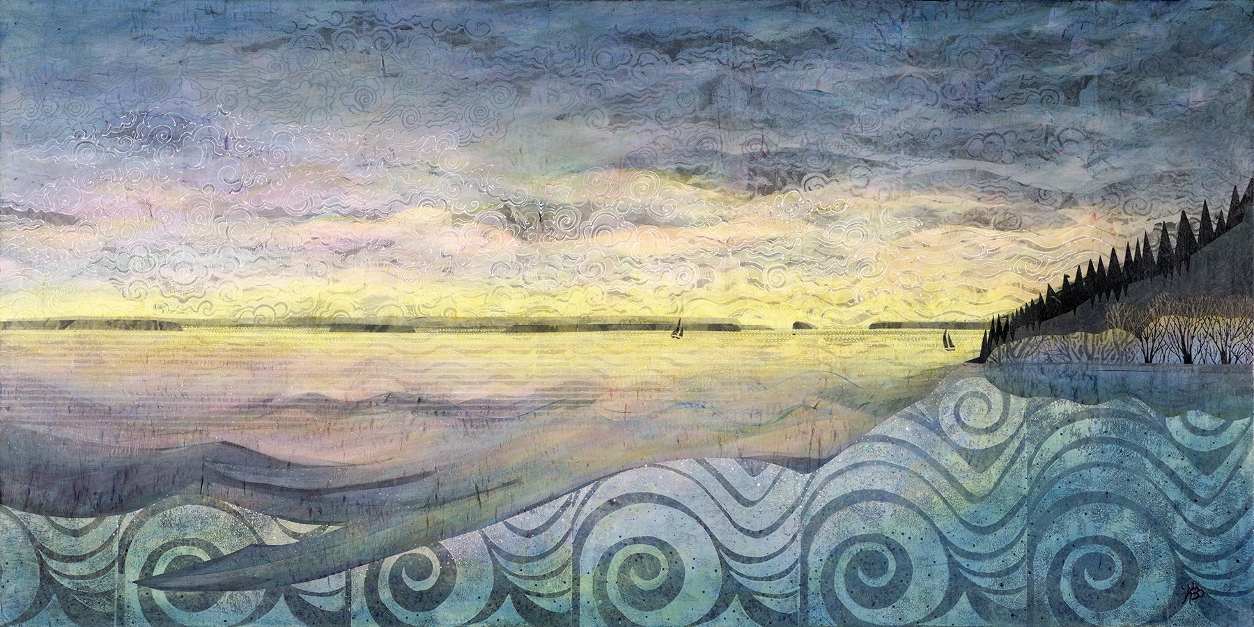 'The Simplicity of Flow' , 48"x24", is simultaneously simple and complex, combining the reflective symmetry of ocean and sky with bold graphic designs and intensely patterned detail. This painting is created with acrylic paint and artist designed, ca