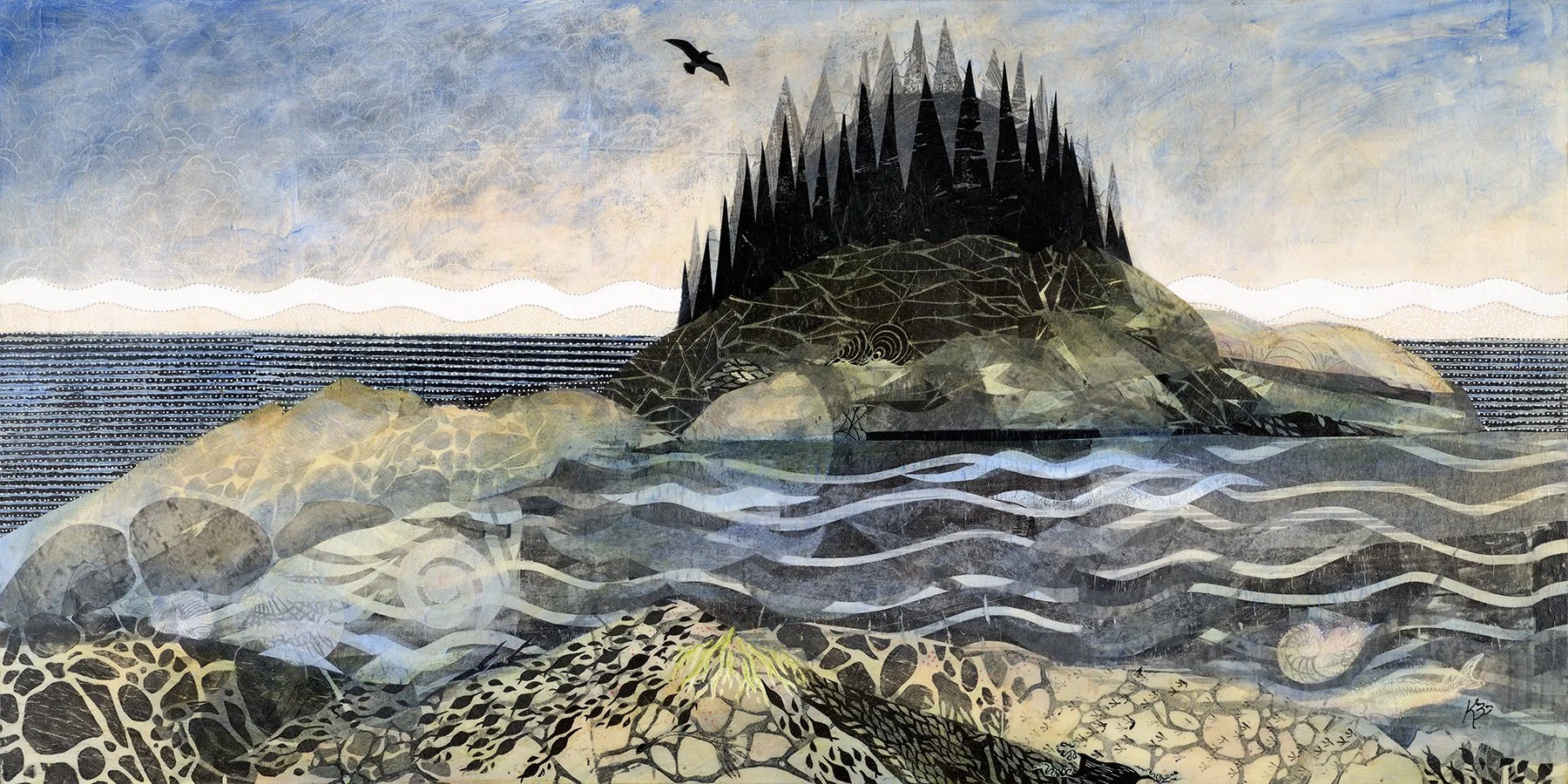 'Porcupine Island' , 48"x24", presents an iconic Maine island with a sense of earthy whimsy. Multiple overlapping transluscent patterns create interest and detail in the water and rocky shore. The colors are naturalistic yet enhanced. This painting i