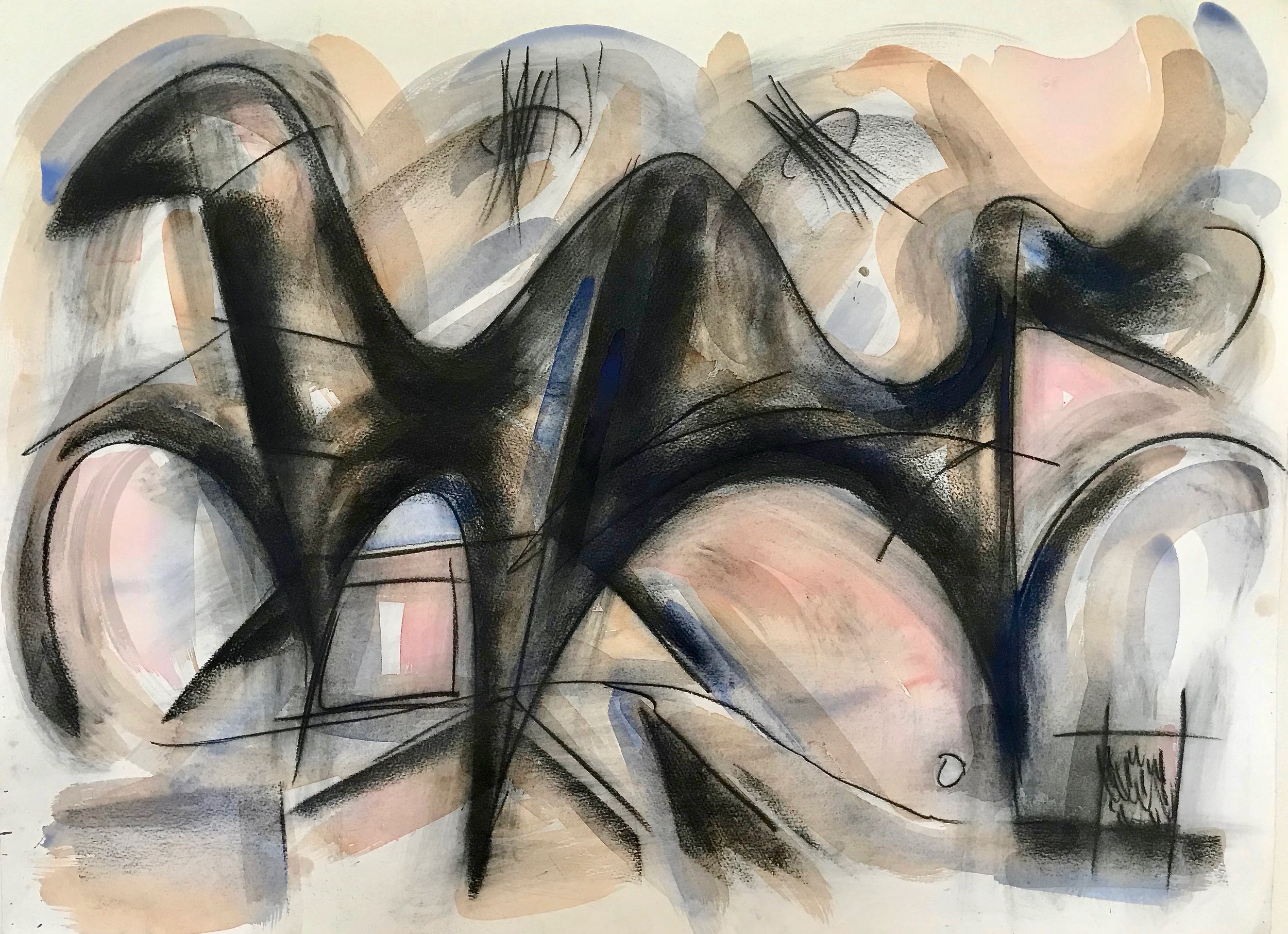 Village Ponies, KBDesrosiers, 30%22x22%22, charcoal and watercolor.jpeg