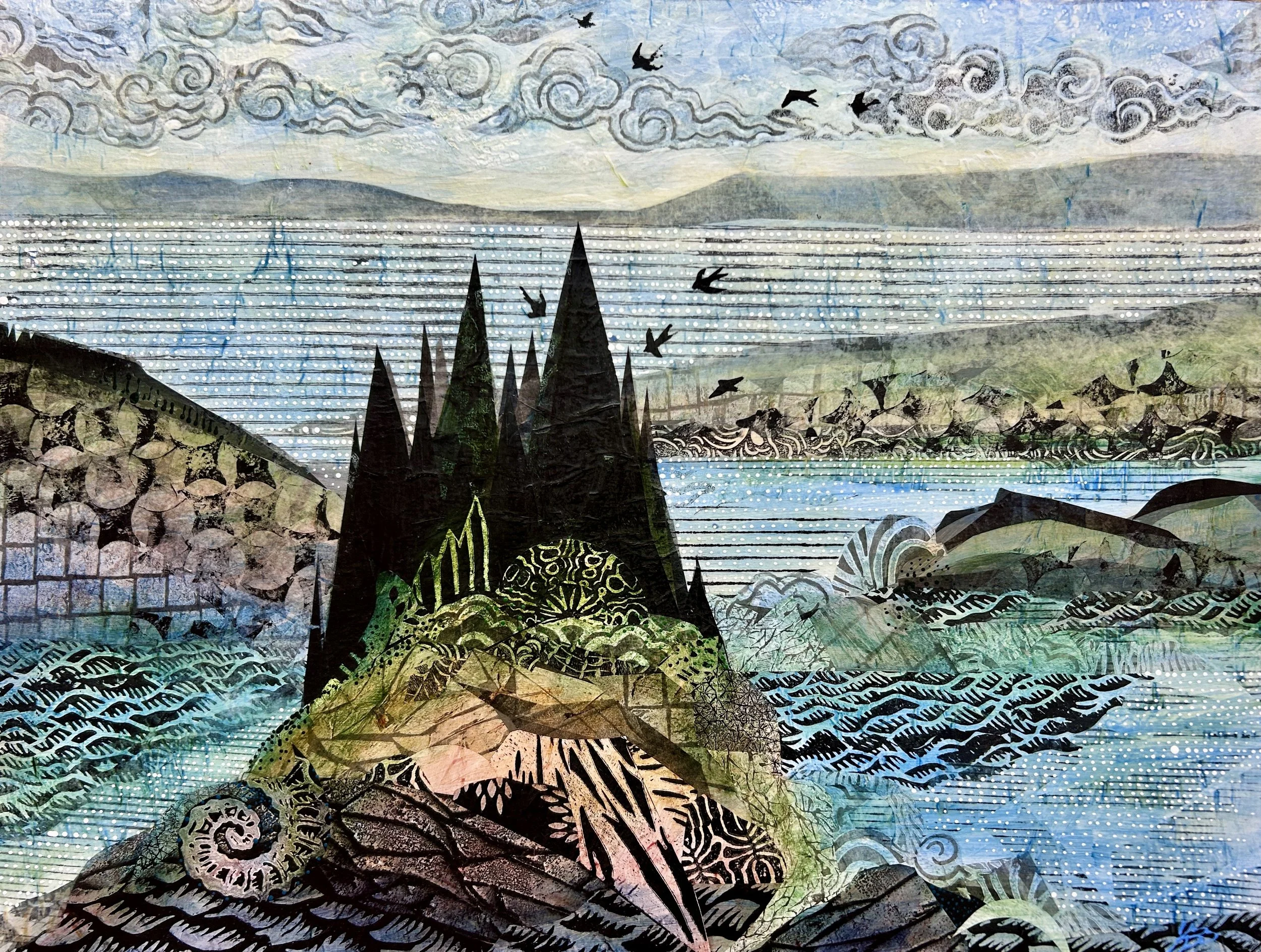 'Bird Island' , 18"x24", shows birds circling over a steep and wooded Maine island rising from layers of sea beneath stylized clouds. The colors are fresh and lively. This painting is created with acrylic paint and artist designed, carved, and printe