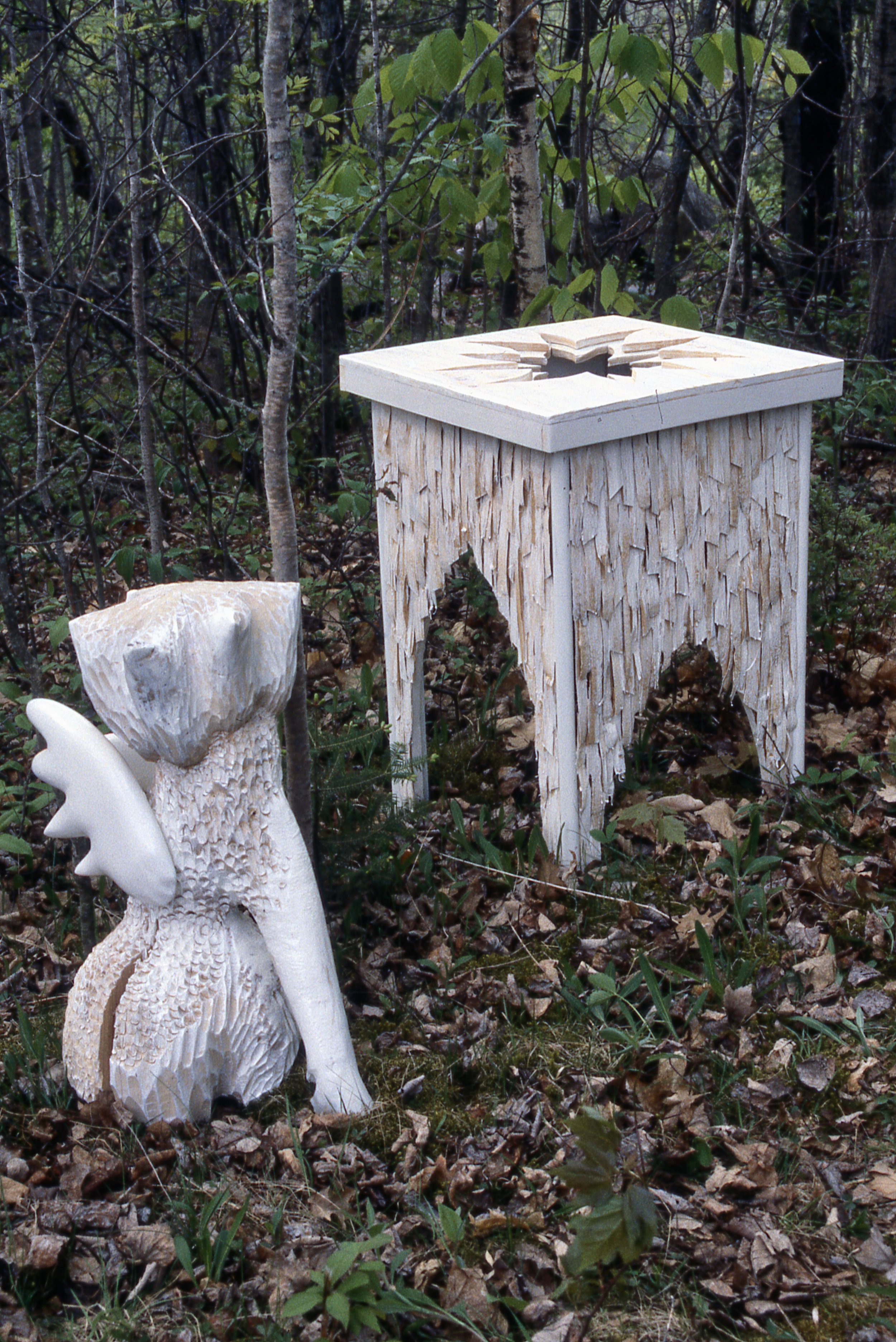 Winged Creature with Shingled Starhouse, KBDesrosiers, installation, carved, painted, and constructed firewood.jpeg