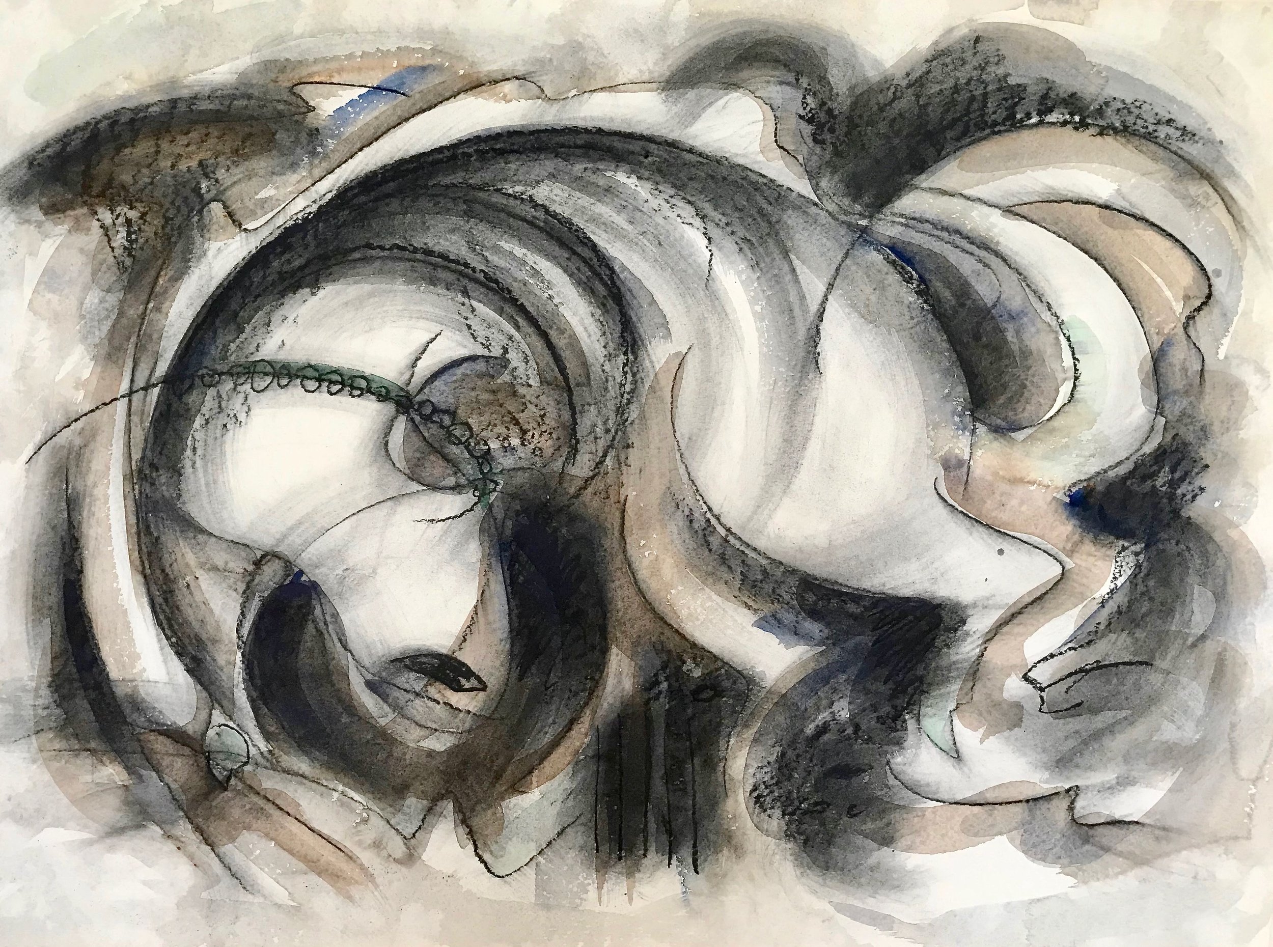 Village Dog Playing, KBDesrosiers, 30%22x22%22, charcoal and Watercolor.jpeg