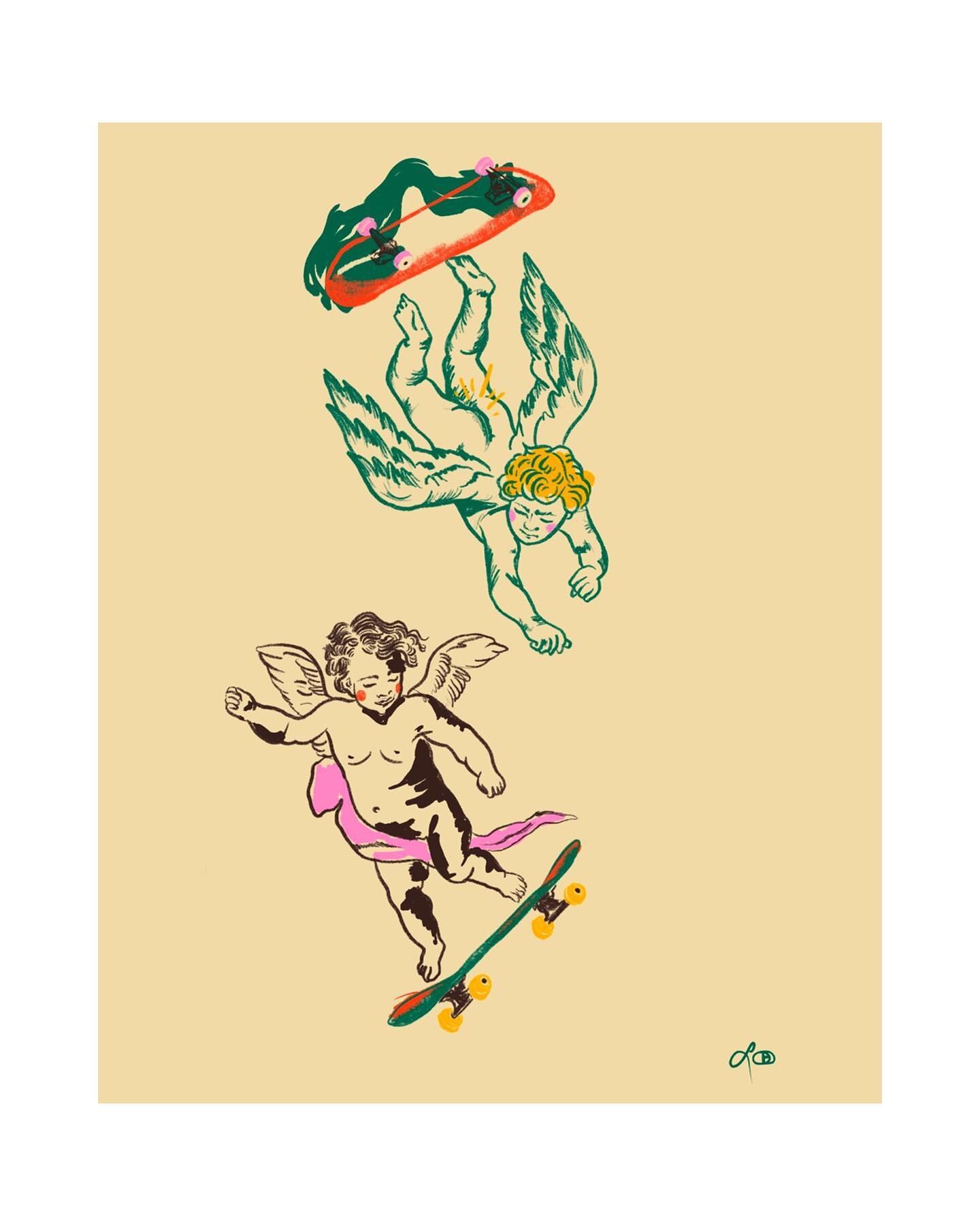 BEHIND THE CURTAIN: how pieces become who they are | everyone&rsquo;s favorite sold out print, our skateboarding angels started off as an idea and a color palette thrust upon me after waking in the middle of the night, as they often do. 

swipe to se