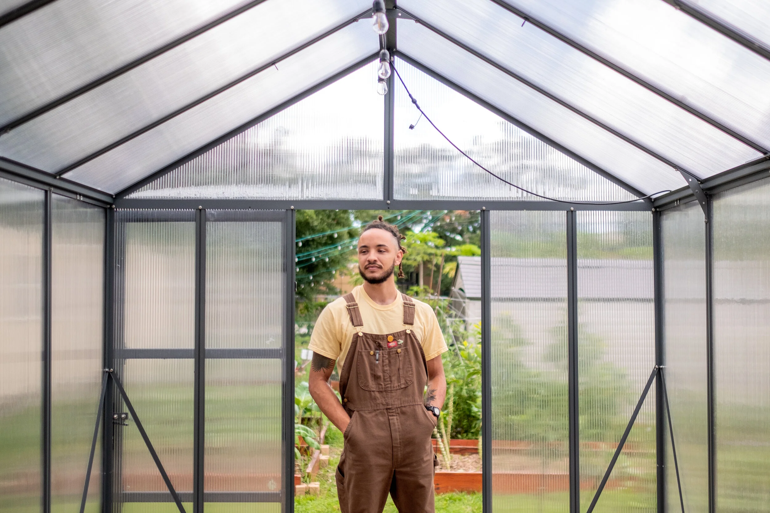 A man standing centered inside of a greenhouse