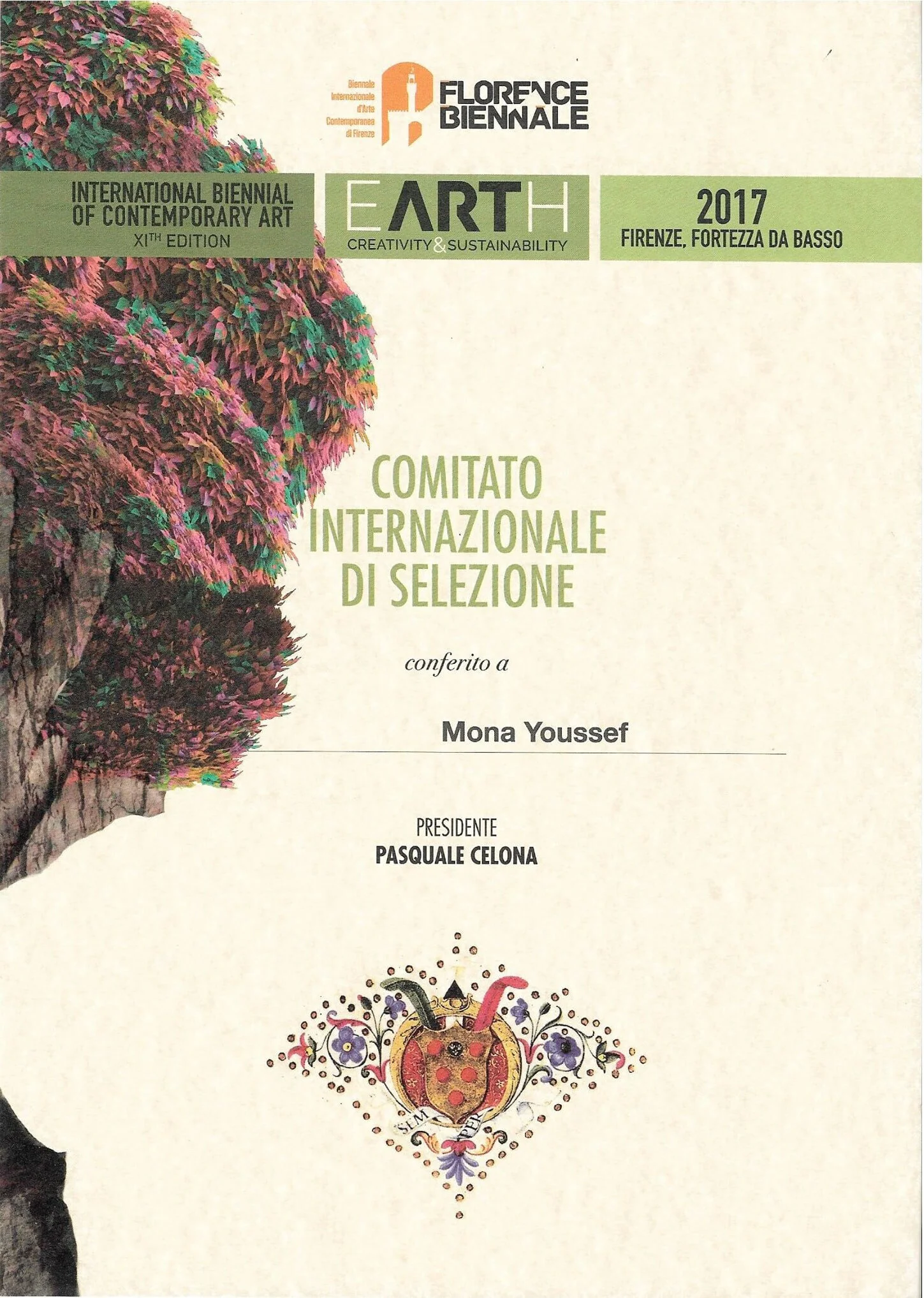 Certificate of recognition Mona Youssef received for being a Member of the international Selection Committee for Florence Biennale