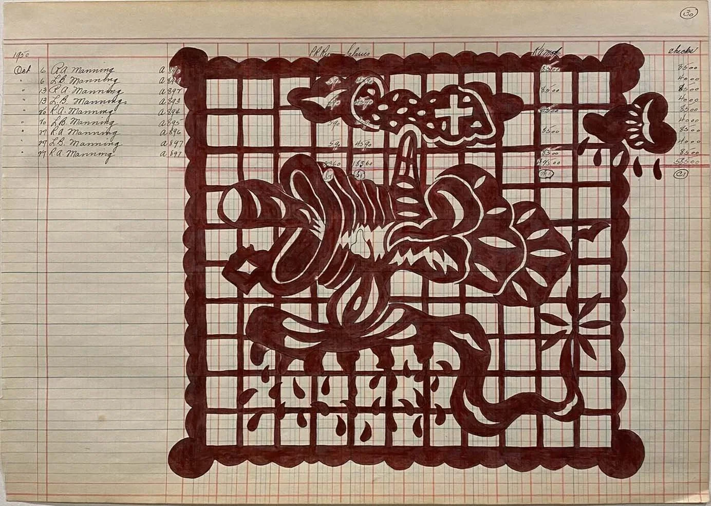 "Roy A. Manning Series" #02 , 2020, 14.5" x 20", mixed media on found ledger paper