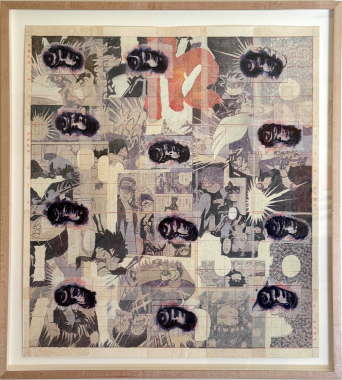 Japanese cartoon collage , 2005, 29" x 26.25", comic book pages and rubber stamps, $3,850 framed