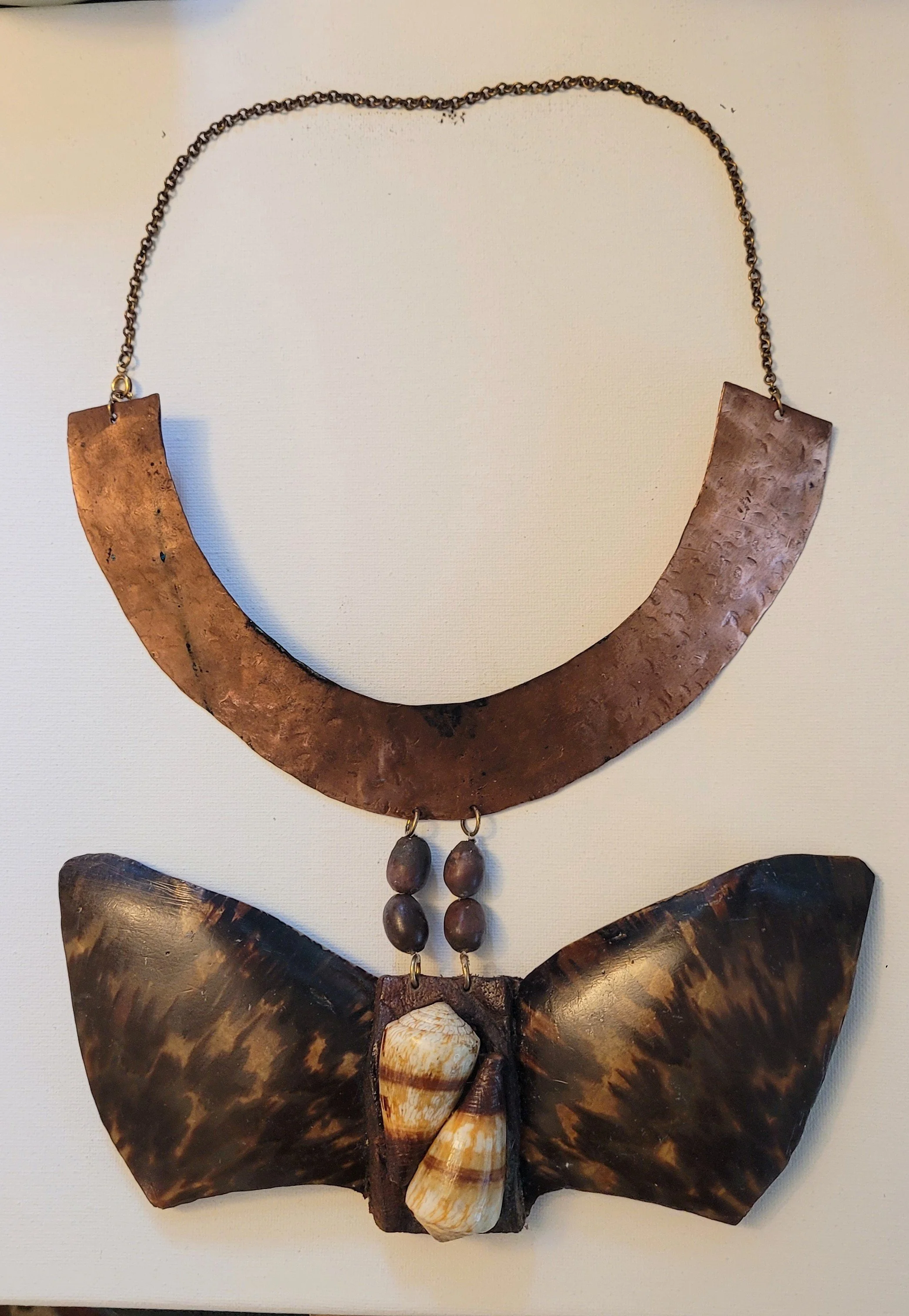  Wings of the Tortoise (a fable) , ca. 1970s, 12.5"x8.5", copper, wooden beads, tortoise shell, shells, wood, metal chain