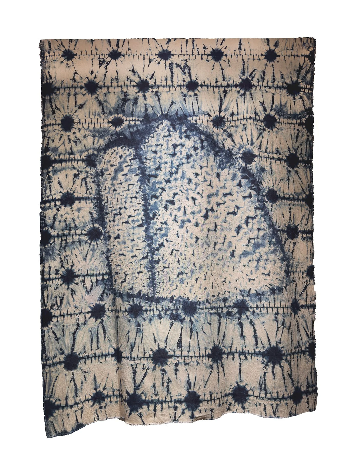  Jagged Blessed Rock , 2025, 52" x 36", Homegrown Japanese indigo, marigolds, and iron on cotton.