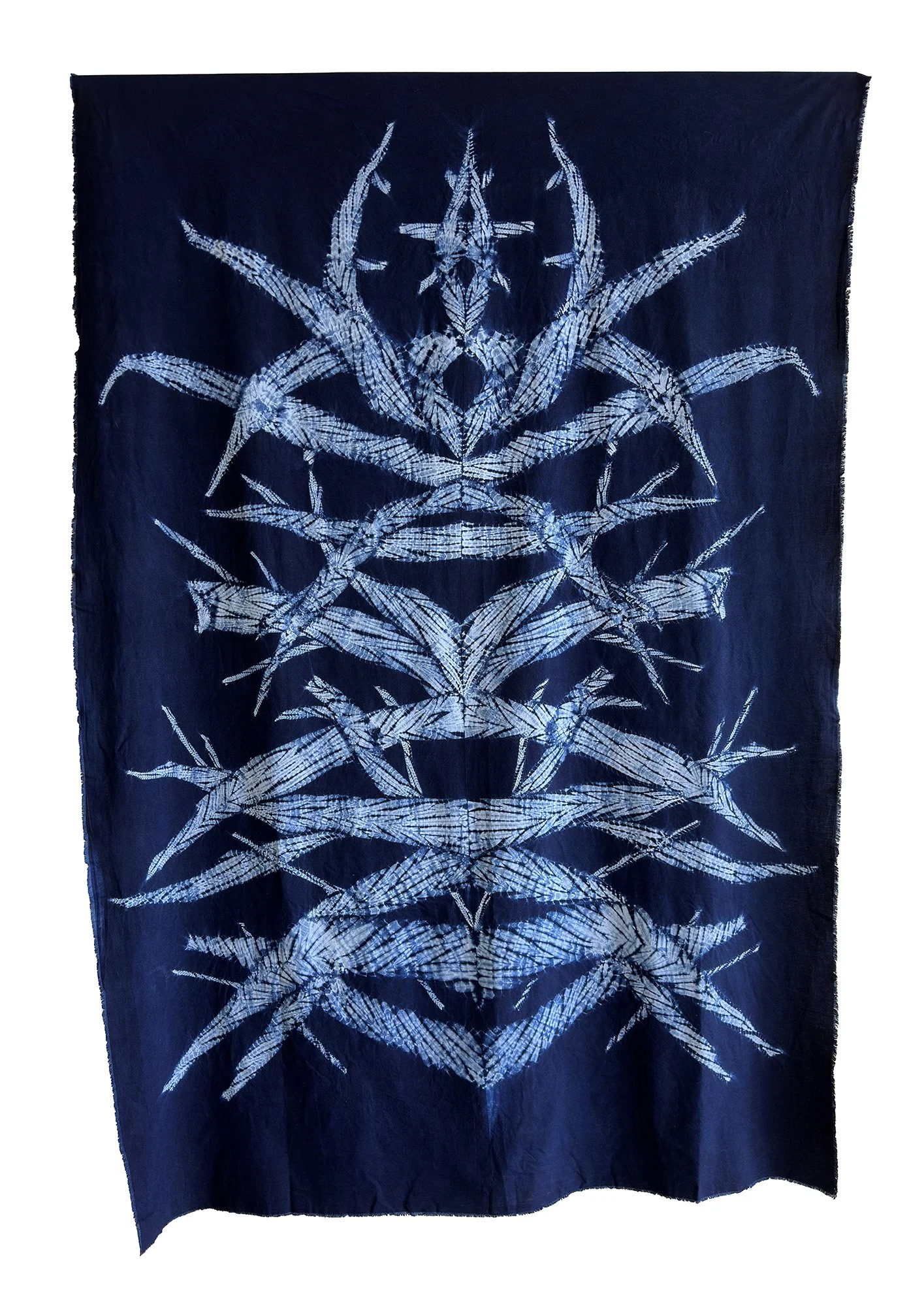 Glorified Stock Pile , 2025, 94" x 66", Stitch resist shibori; dyed with homegrown & pre-reduced indigo on cotton.
