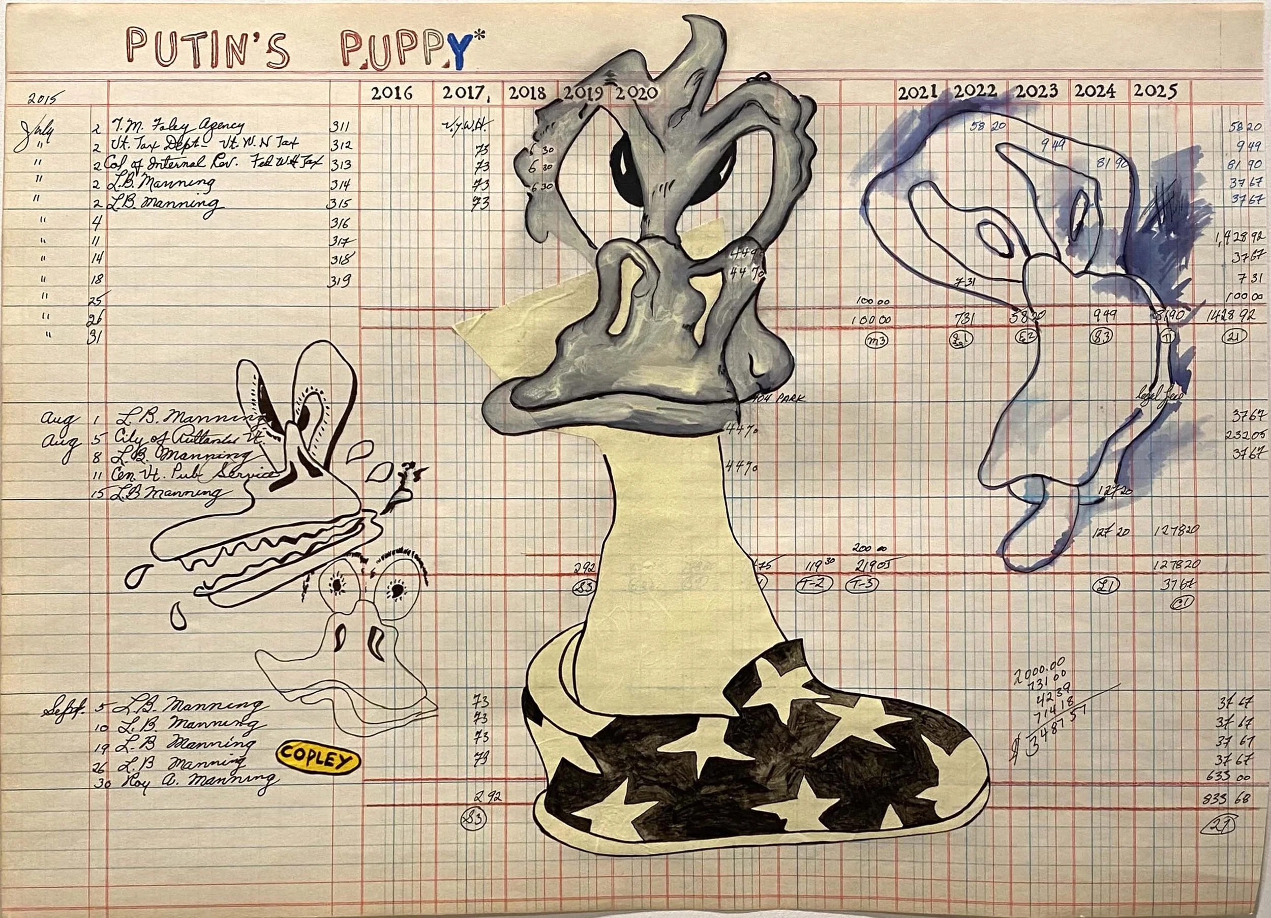 Putin's Puppy , 2022, 14.5" x 20.5", ink, acrylic on found ledger paper, $1,800
