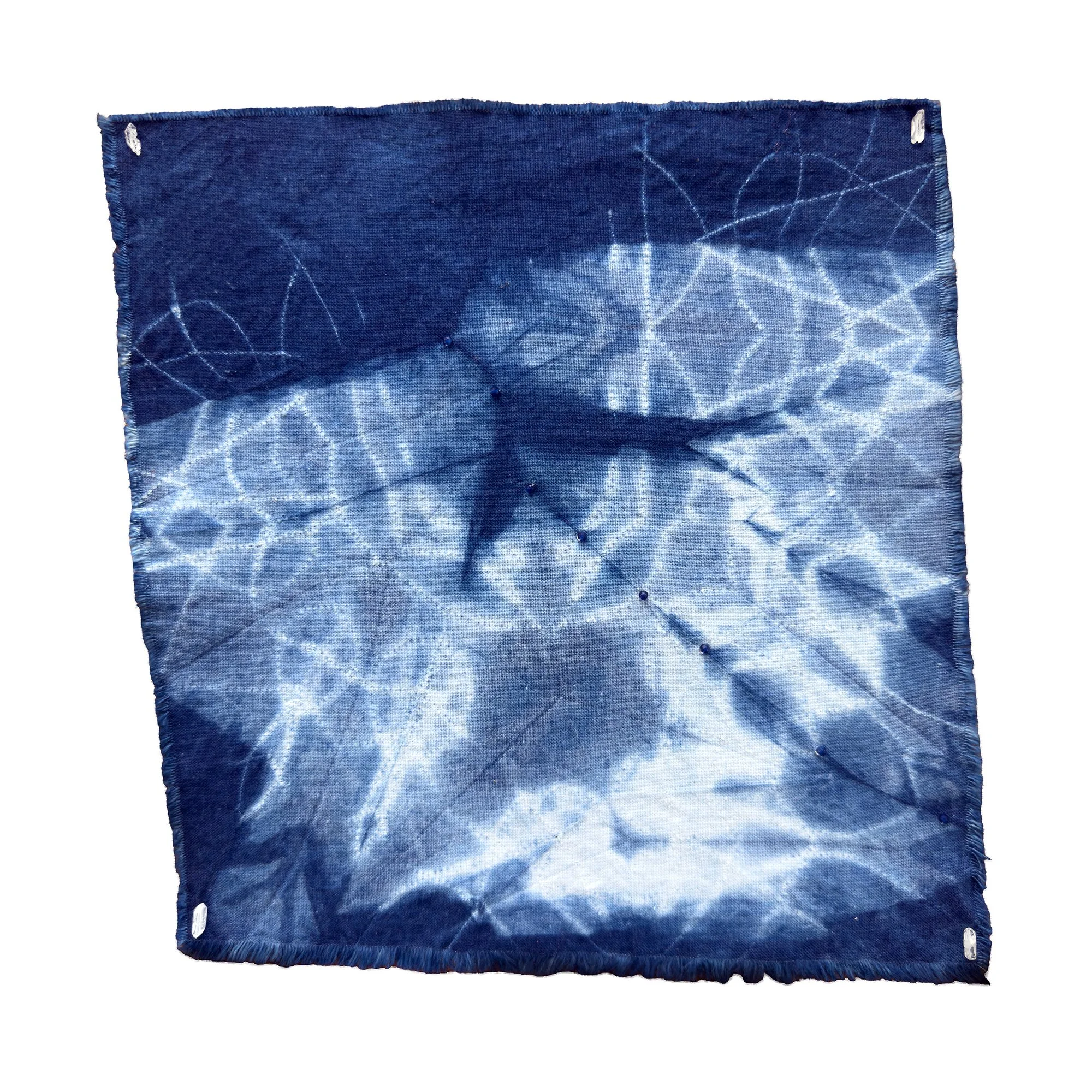  Studies of Flight:
Lil' Blue Bird , 2026, 8" x 8", Katano shibori; dyed with homegrown indigo, Herkimer diamonds, and sapphire beads, on cotton.