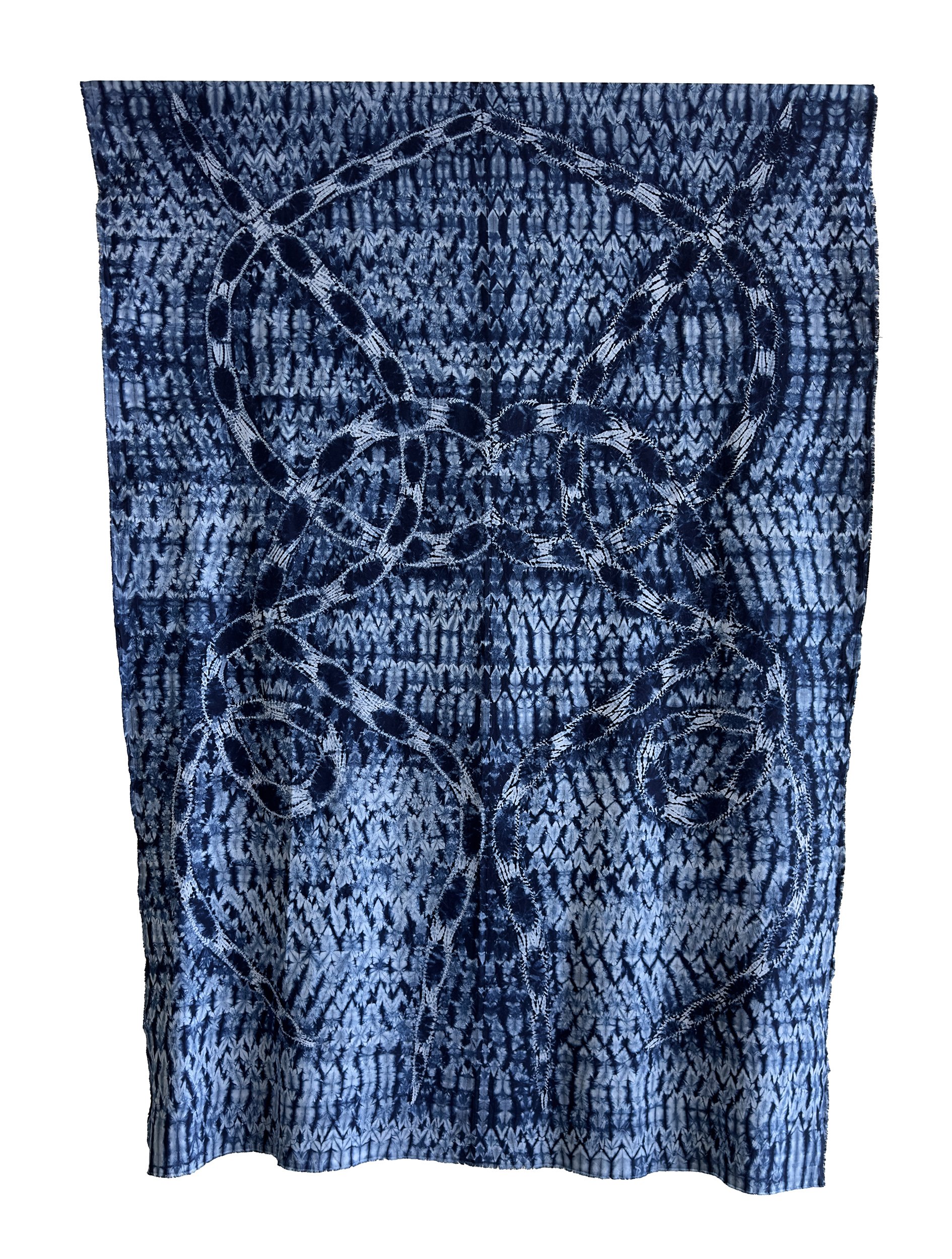  Chains , 2025, 94" x 66", Stitch resist shibori; dyed with homegrown & pre-reduced indigo on cotton.