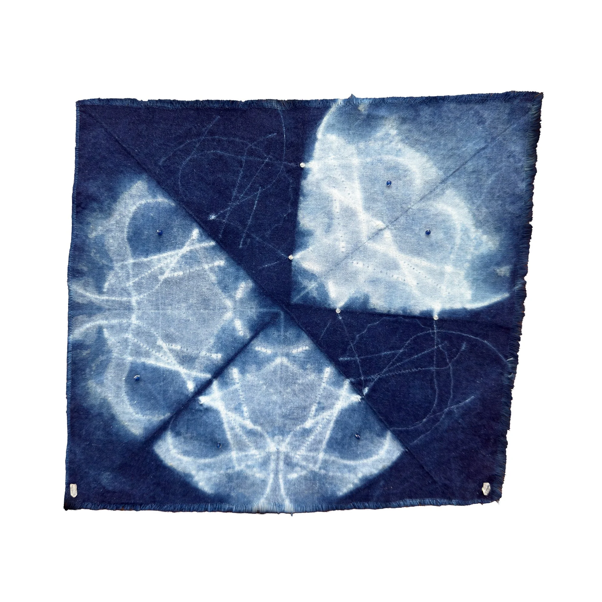  Studies of Flight:
Moths , 2026, 8" x 8", Katano shibori; dyed with homegrown indigo, Herkimer diamonds, sapphire and quartz beads, on cotton.