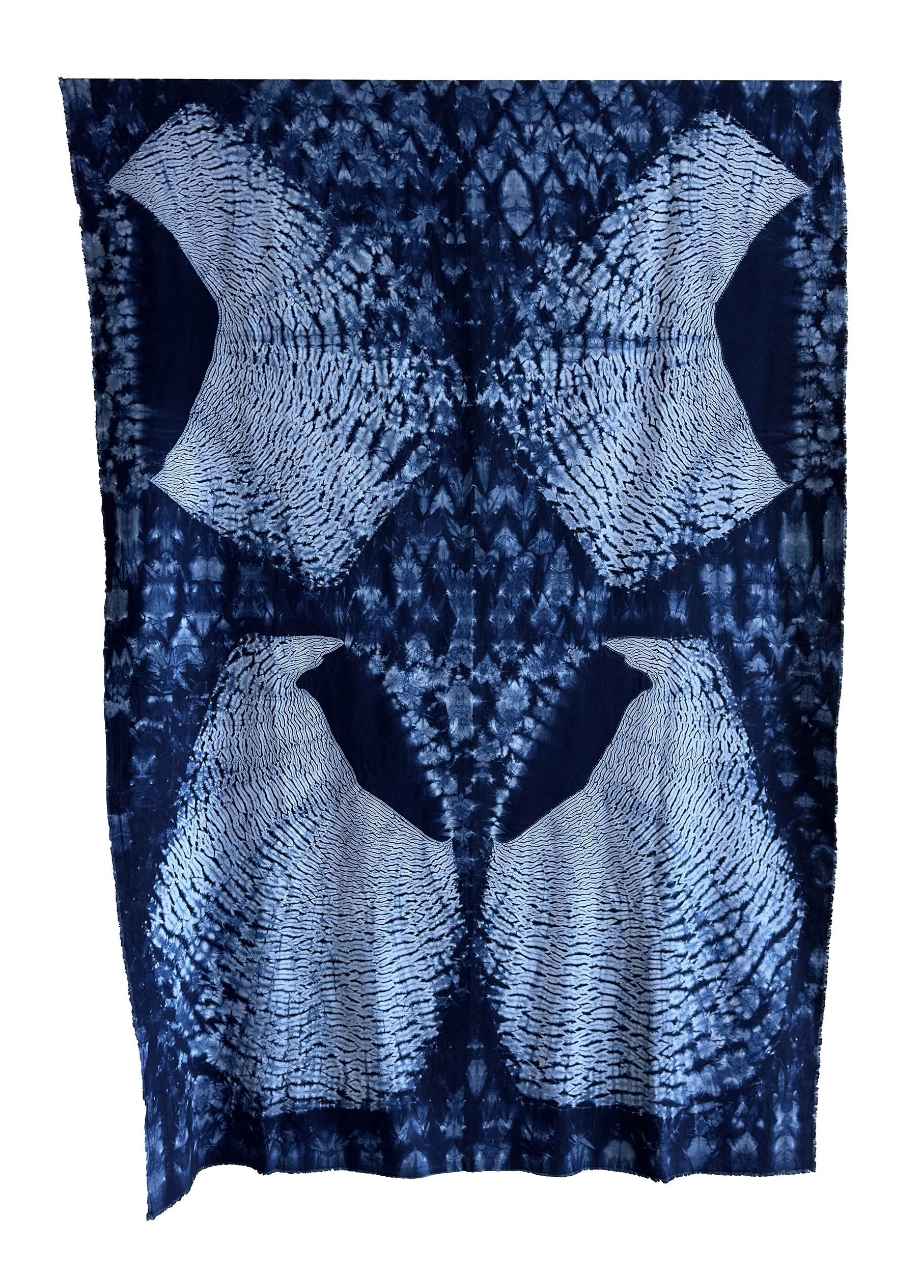  Blessed Rock , 2025, 94" x 66", Stitch resist shibori; dyed with homegrown & pre-reduced indigo on cotton.